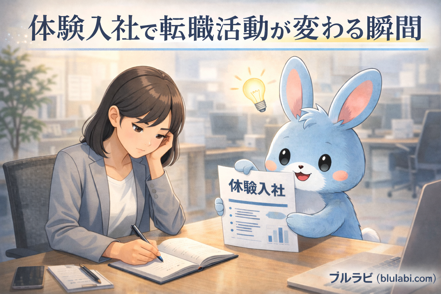 体験入社で転職活動が変わる瞬間を表現したイラスト。不安な表情の応募者と薄いブルーの兎が並び、気づきから前向きへ変化する様子