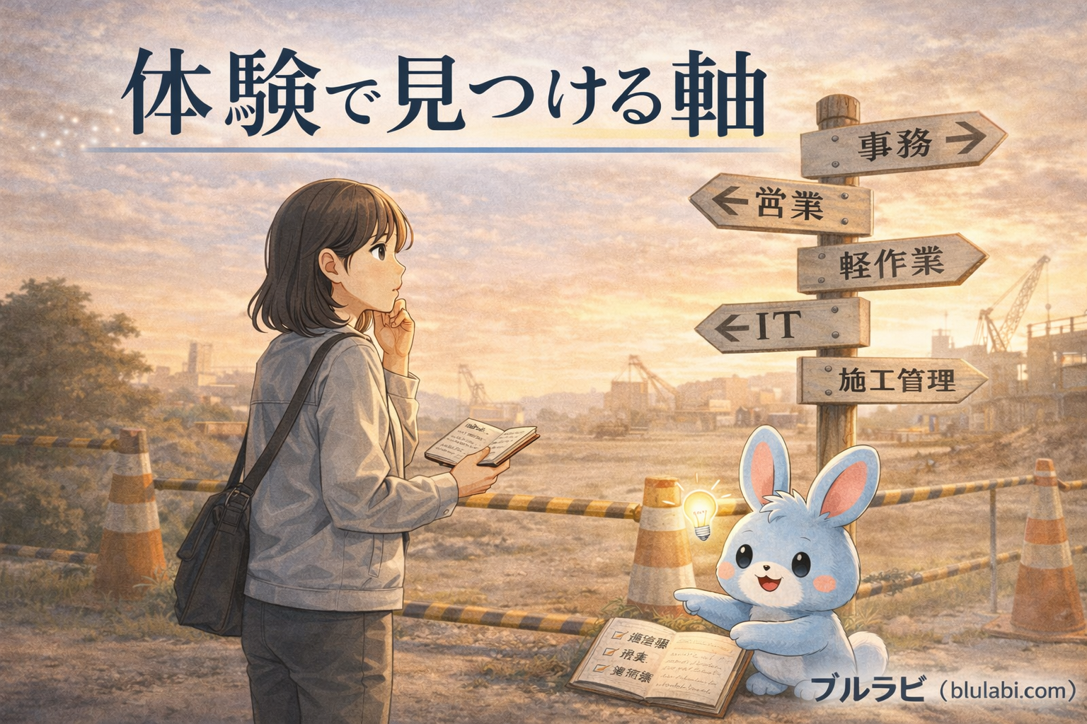 体験入社でキャリアの軸を見つけようとする応募者とブルラビが工事現場で考えている様子
