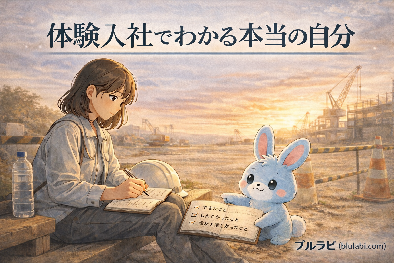 体験入社でわかる本当の自分と書かれた画像で、夕方の現場でノートに振り返りを書く女性と水色の兎ブルラビ