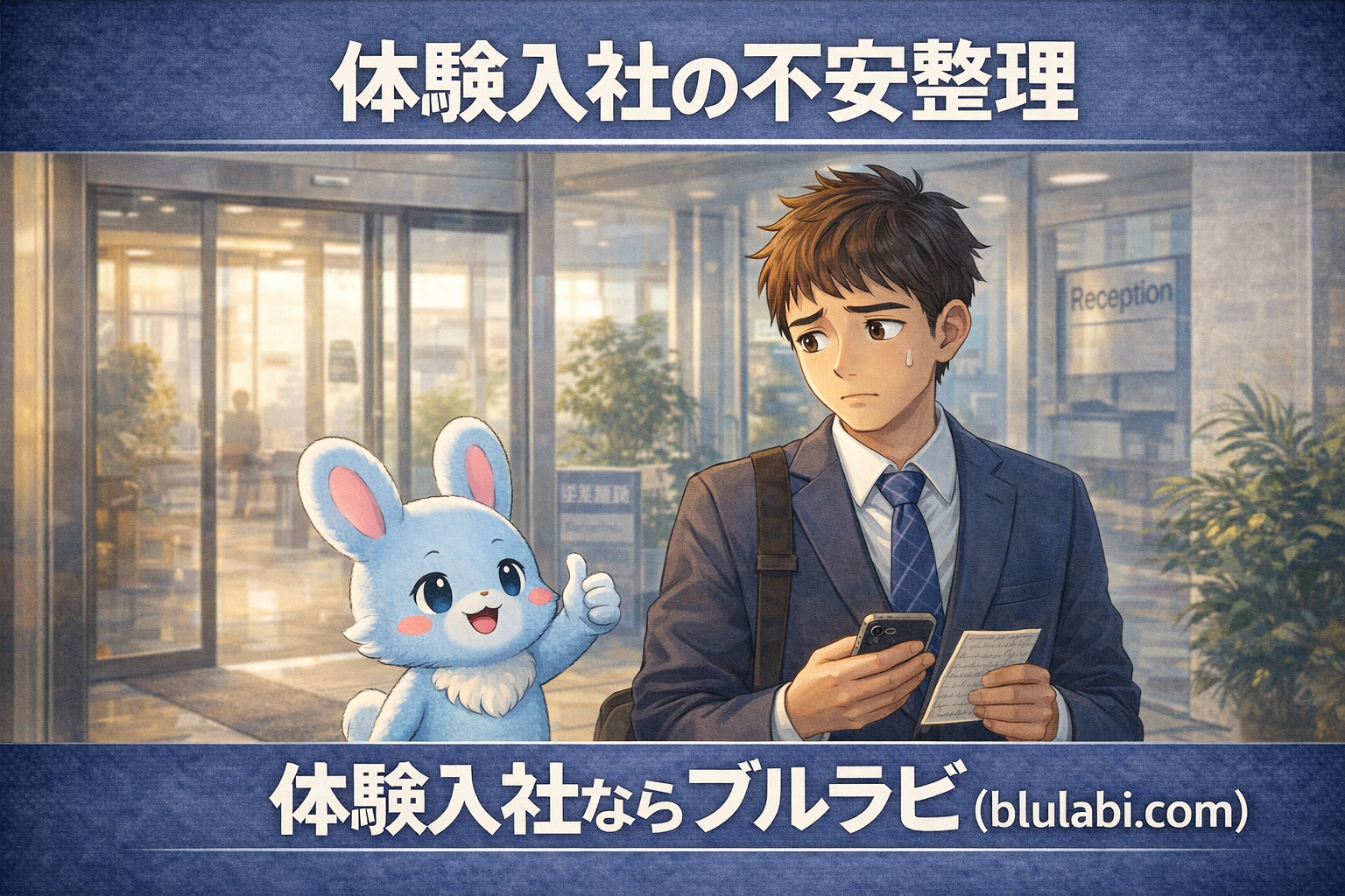 物流倉庫の休憩スペースで、仕事を体験した男性がノートを見ながら自分の働く価値観に気づく瞬間を、薄いブルーの兎キャラクター（ブルラビ）が見守るイラスト。上部タイトル「体験入社で働く軸発見」、下部に「体験入社ならブルラビ（blulabi.com）」。