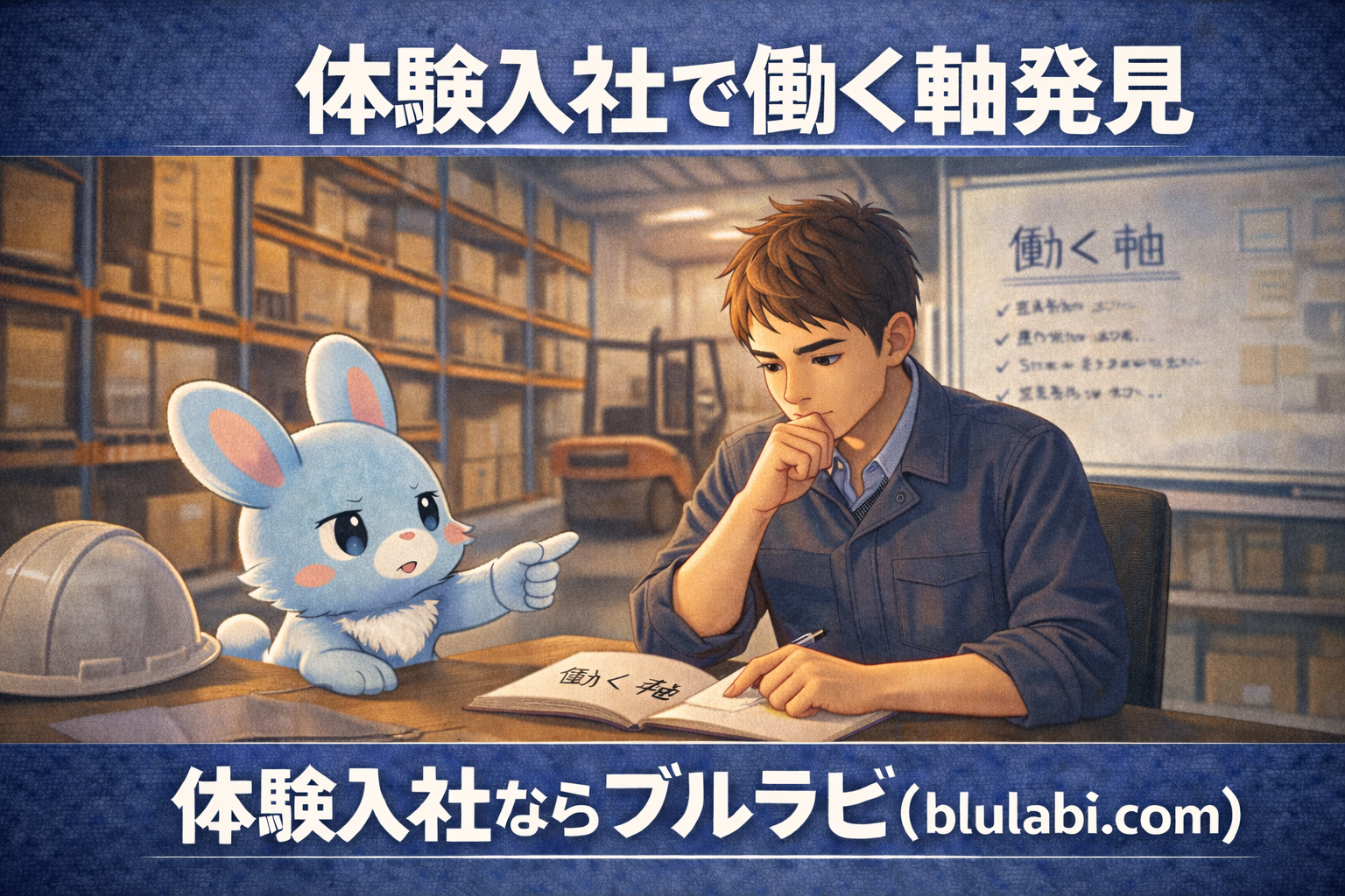 物流倉庫の休憩スペースで、仕事を体験した男性がノートを見ながら自分の働く価値観に気づく瞬間を、薄いブルーの兎キャラクター（ブルラビ）が見守るイラスト。上部タイトル「体験入社で働く軸発見」、下部に「体験入社ならブルラビ（blulabi.com）」。
