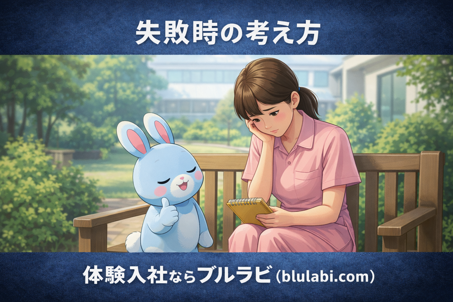 体験入社で失敗したと落ち込む女性介護スタッフが施設のベンチでメモを見ながら悩んでいる。隣で薄いブルーの兎ブルラビが優しくうなずき励ましているイラスト。