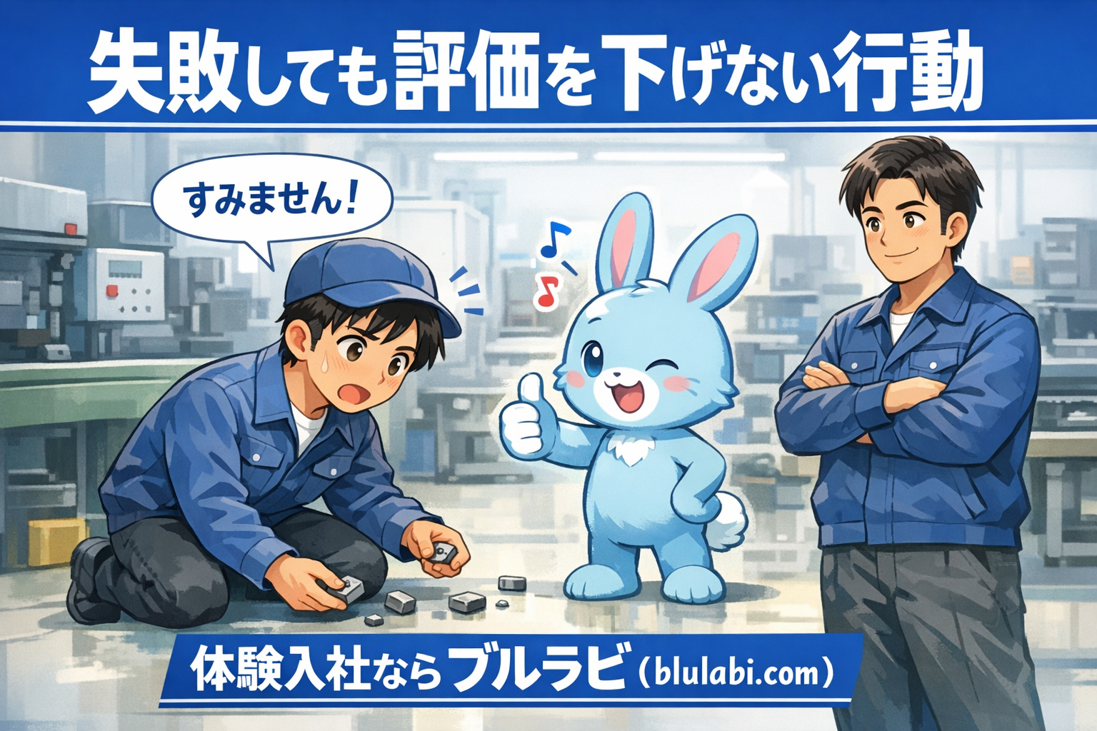 体験入社で部品を落としてしまい焦る応募者がすぐに拾い謝る行動を見せる中、ブルラビが前向きにサポートし先輩社員も穏やかに見守る工場作業シーン