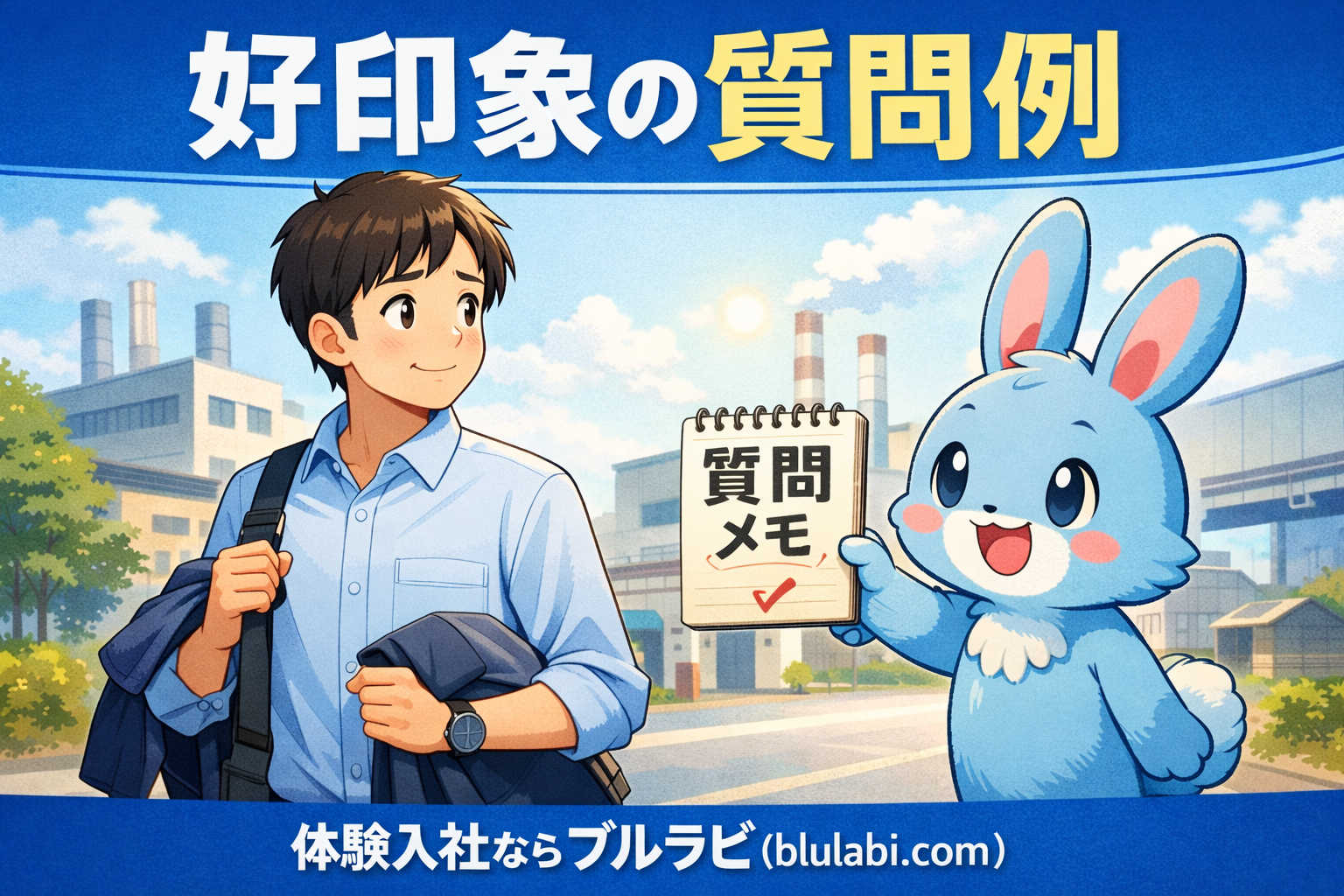 体験入社で好印象を与える質問を準備する応募者とブルラビ。工場へ向かう通勤シーンで質問メモを確認するイメージ画像。