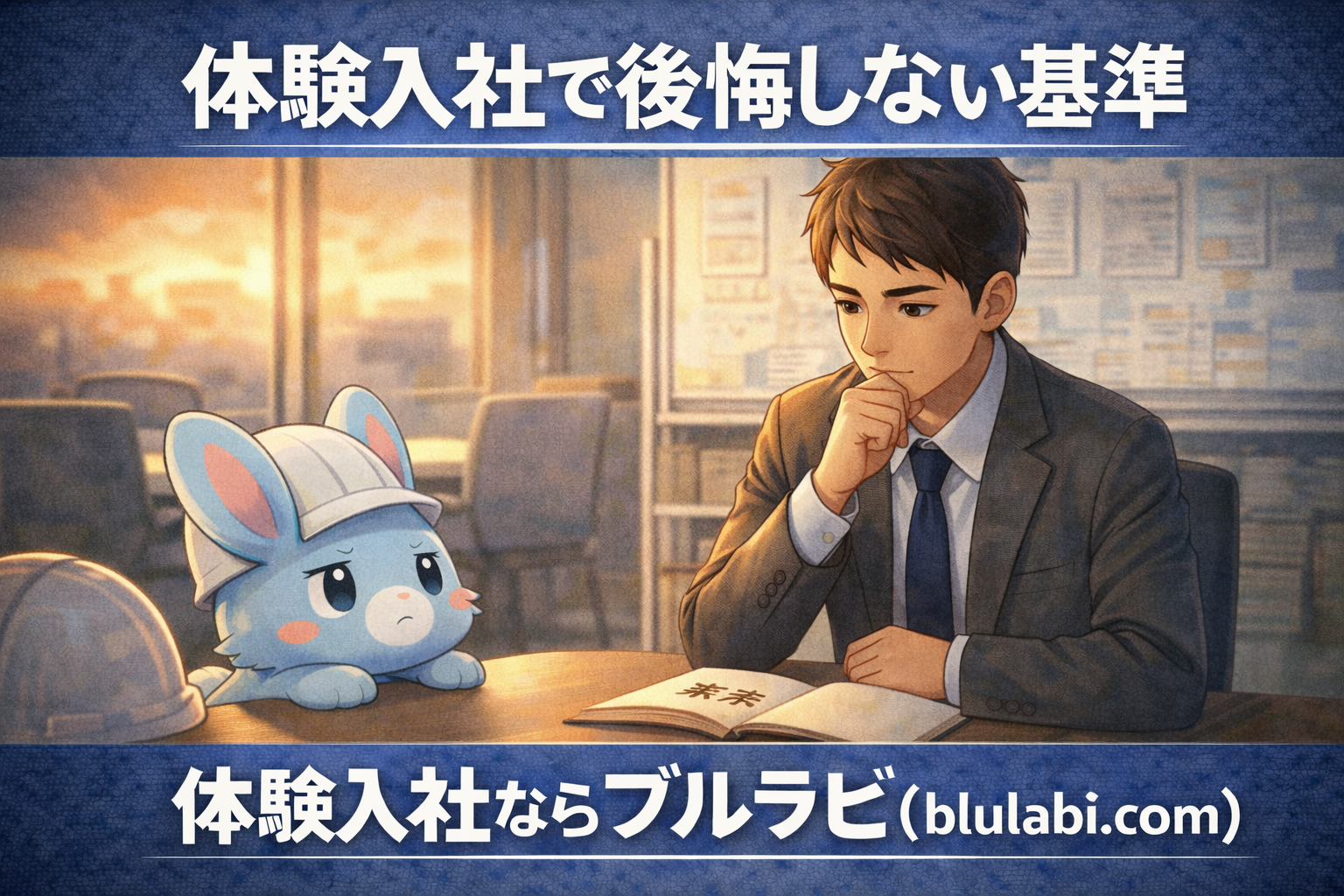建設現場でヘルメットを被った男性応募者が体験入社の判断に悩みながら前を見つめ、その横で水色のウサギ「ブルラビ」が寄り添うイラスト。上部に「体験入社で後悔しない基準」、下部に「体験入社ならブルラビ（blulabi.com）」の文字。