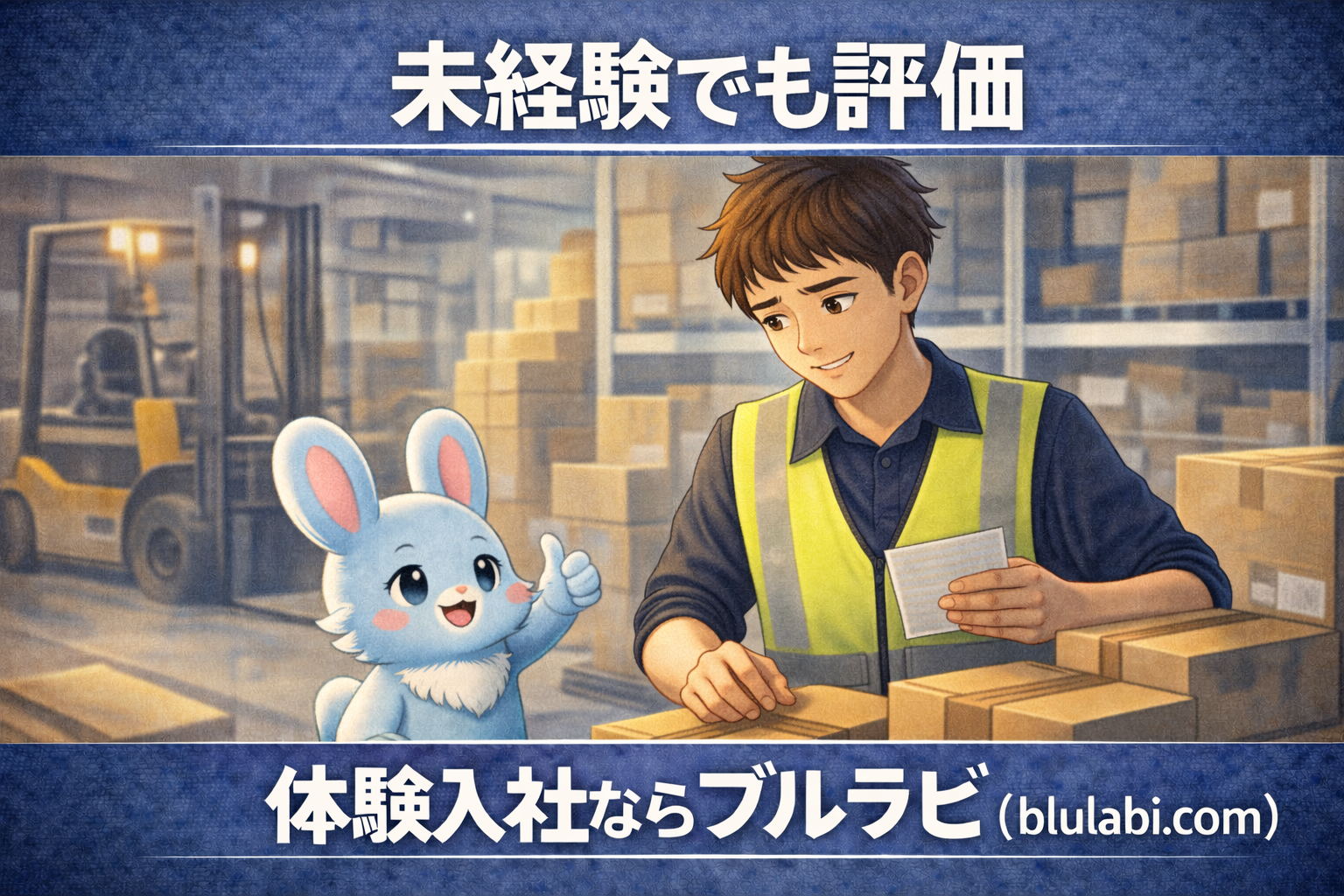 物流倉庫の作業エリアで段ボールを仕分けしている男性応募者と、横で親指を立てて応援する薄いブルーの兎ブルラビ。未経験でも真面目な姿勢が評価されることを表現したイラスト。