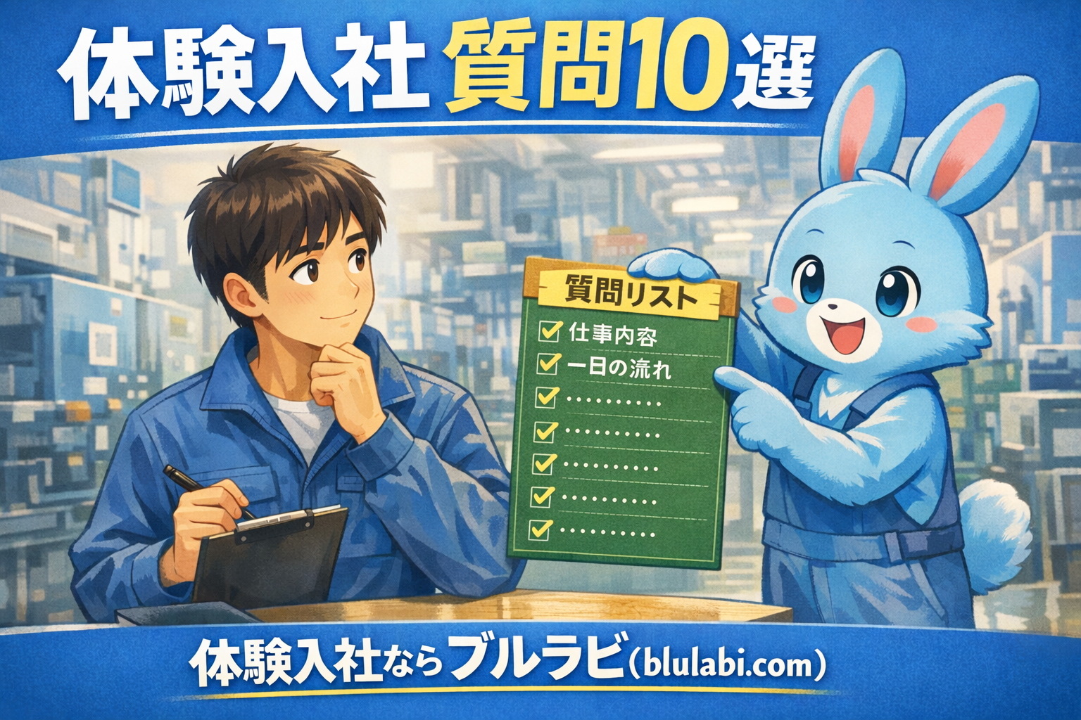 体験入社で聞くべき質問を整理したチェックリストをブルラビが紹介しているイラスト。工場の体験作業中に応募者がメモを取りながら質問を整理している様子。