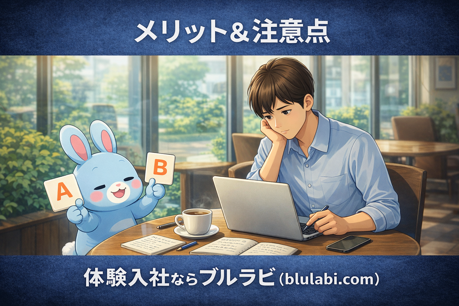 カフェのテーブルで体験入社を検討している男性応募者がノートPCとメモを見ながら企業を比較している。テーブルの上で薄いブルーの兎ブルラビがAとBのカードを持ち、複数社比較をサポートしているイラスト。