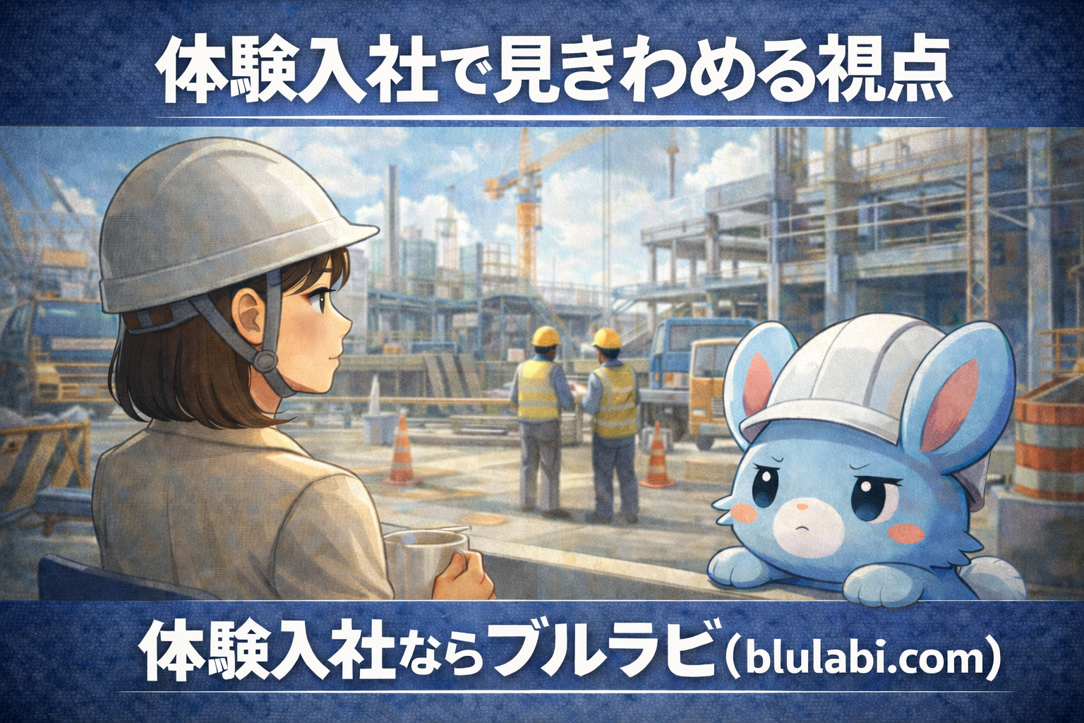 ヘルメットをかぶった応募者の女性と薄いブルーの兎が建設現場を見つめながら、体験入社で見きわめる視点を考えている様子のイラスト