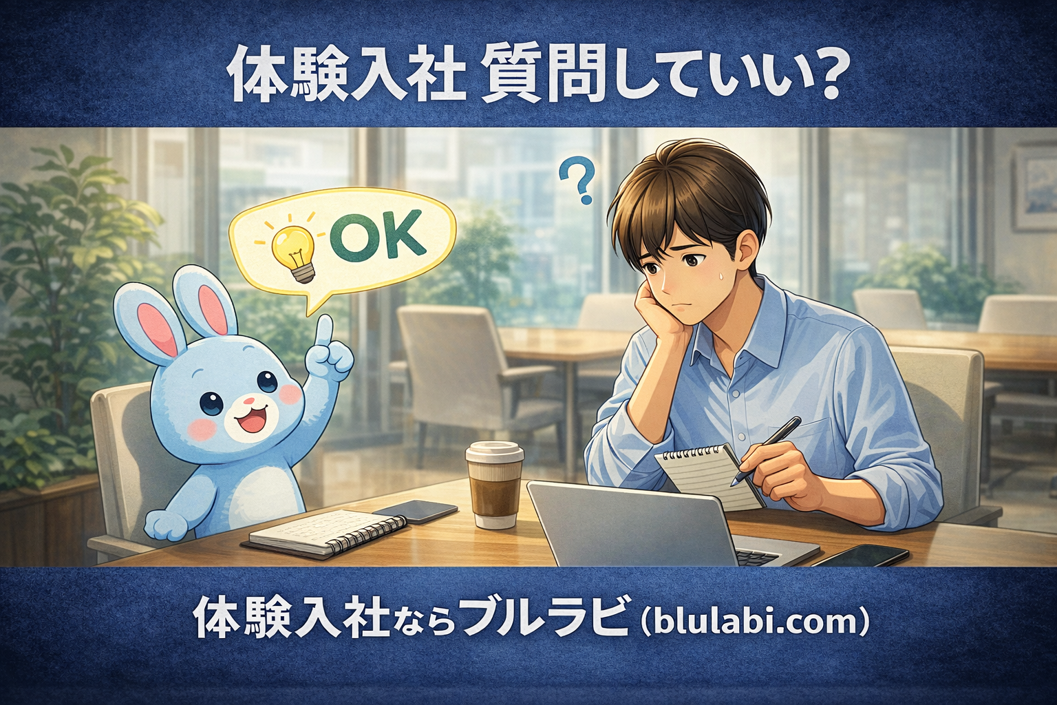 体験入社で質問していいのか迷う応募者と、安心させるブルラビのイラスト
