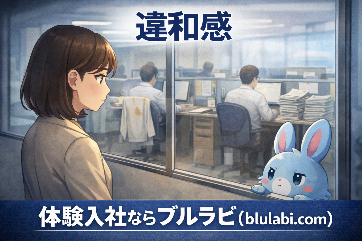 体験入社で職場を見学する女性と、違和感に気づく表情のブルラビ公式兎。ガラス越しの職場の様子から小さな違和感を感じ取る構図。
