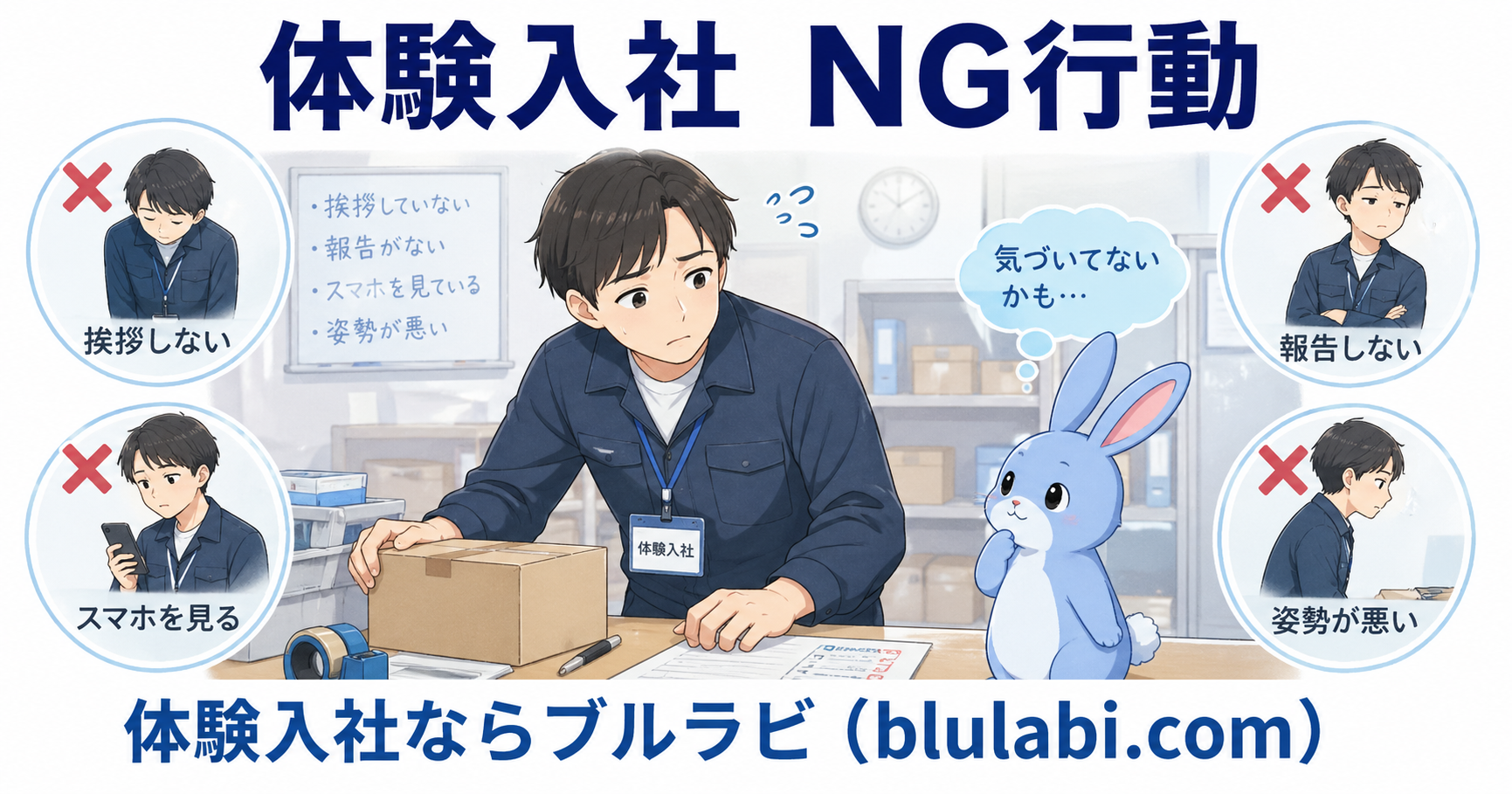 体験入社で無意識の行動により信頼を失いかけている応募者と気づきを与えるブルラビの様子