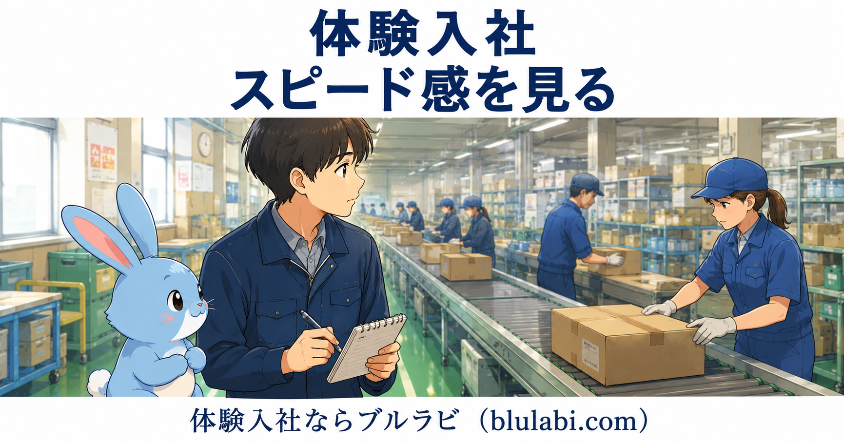 物流系の作業現場で、男性応募者がメモを取りながら現場全体の作業スピードを観察している。横には水色のブルラビが寄り添い、流れるように動くライン作業や周囲スタッフの動きから、“仕事のスピード感”を確認している様子を描いた2Dイラスト。
