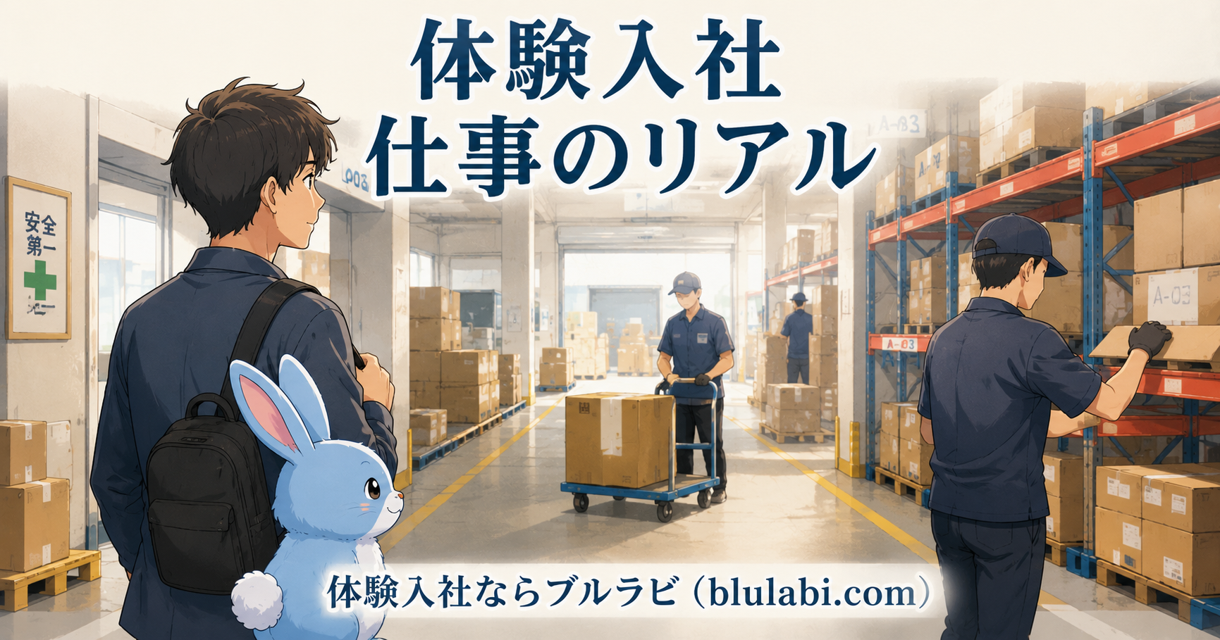 物流倉庫の休憩スペースで、作業後に静かに飲み物を飲みながら周囲の雰囲気を確認している若い男性応募者と、水色のブルラビ兎を描いた2Dイラスト。「体験入社　仕事のリアル」のタイトル入り。