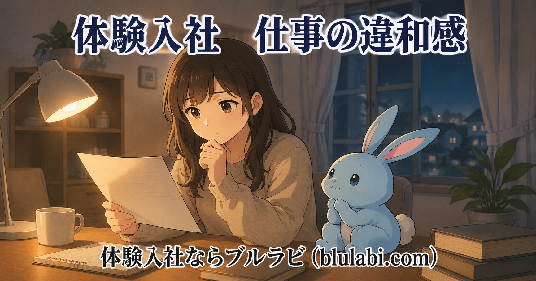 夜のコールセンター事務室で、仕事内容に違和感を抱きながら座る若い女性応募者の隣に、水色のブルラビ兎が静かに寄り添っている2Dイラスト。「体験入社　仕事の違和感」のタイトル入り。