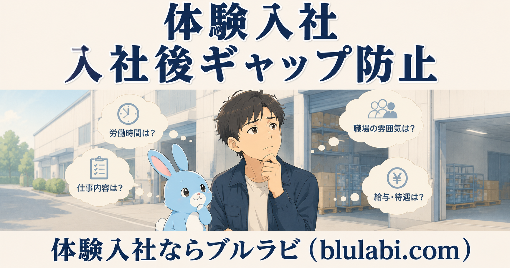物流系の休憩スペースで、入社後の不安を感じる男性応募者と水色のブルラビ兎が一緒に確認事項を見つめている2Dイラスト。「体験入社　入社後ギャップ防止」と「体験入社ならブルラビ（blulabi.com）」の文字を大きく配置したブログアイキャッチ画像。