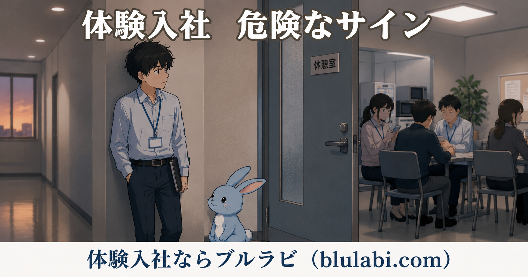 物流系の体験入社中、屋外ベンチで求人資料を見ながら違和感を覚える若い男性応募者と、水色のブルラビ兎を描いた2Dイラスト。昼の休憩時間の静かな空気感の中で、“辞めそうな会社”への不安を表現している。