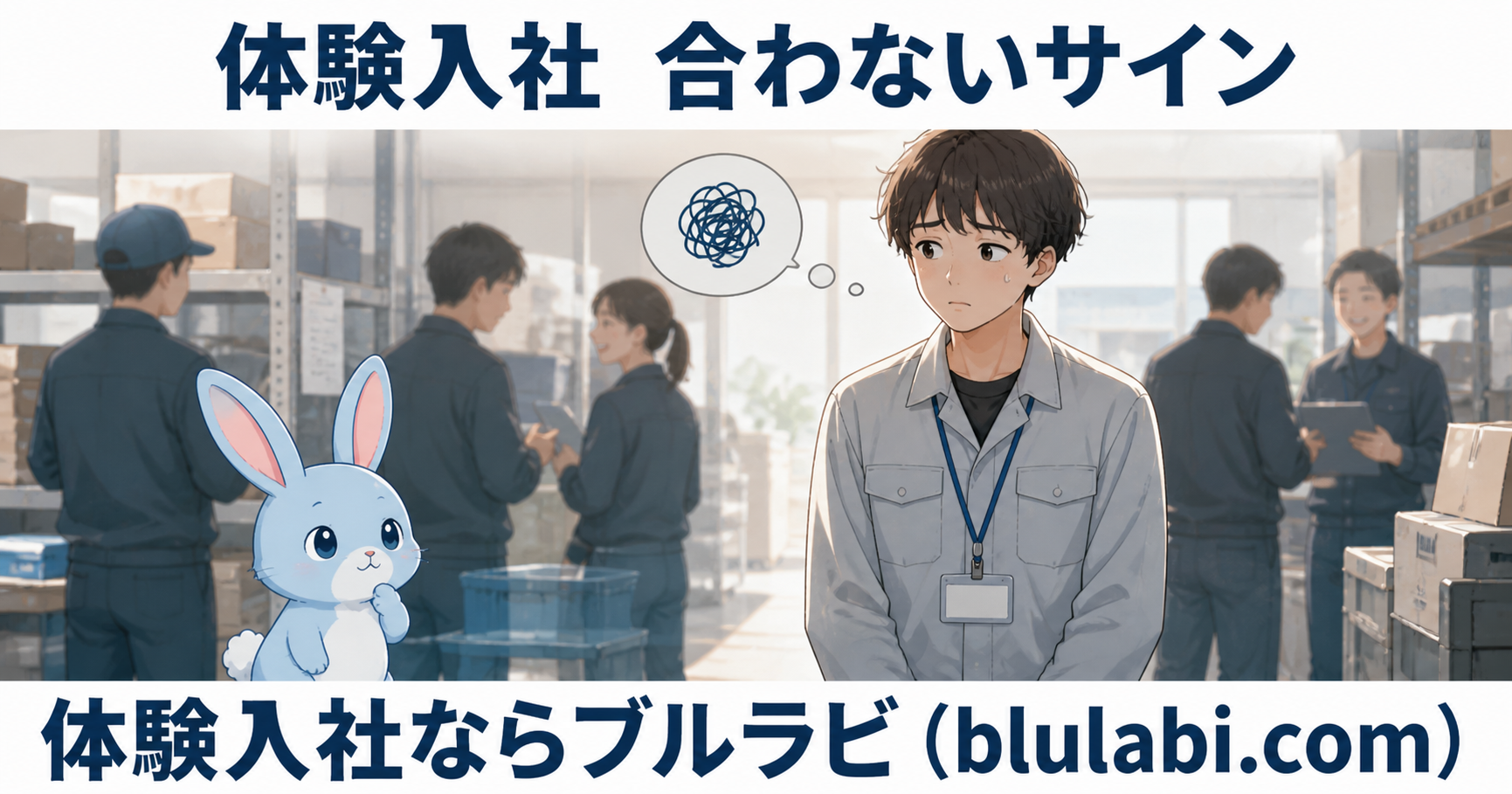 体験入社で受け身になり立ち尽くす応募者と、気づきを促すブルラビのイラスト。合わないサインに気づく瞬間を表現
