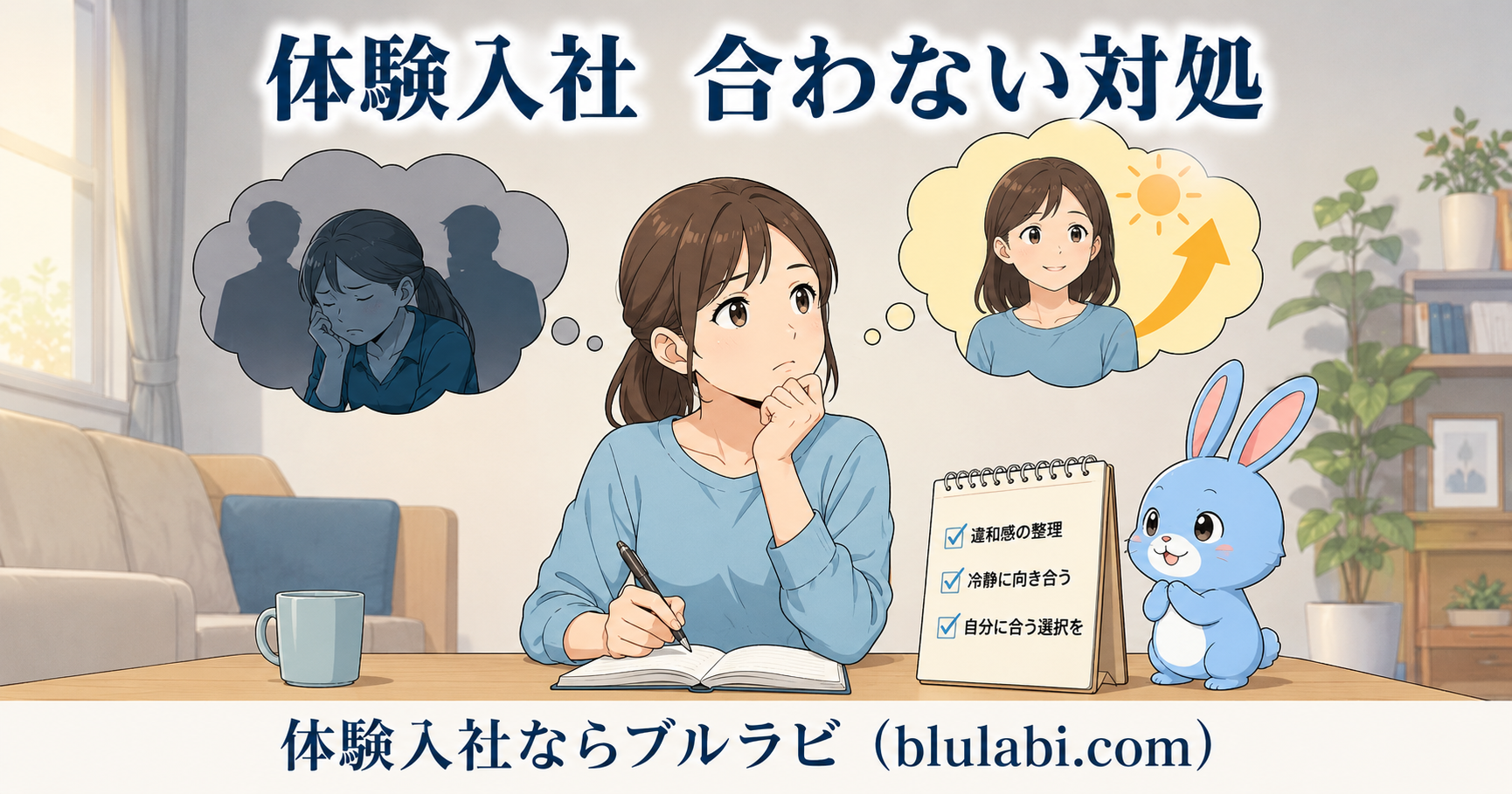 物流系の休憩室で、体験入社後に「ここは合わないかも」と悩む若い女性と、水色のブルラビ兎が並んで座り、自分に合う働き方を考えている2Dイラスト。上部には「体験入社　合わない対処」、下部には「体験入社ならブルラビ（blulabi.com）」の文字入り。