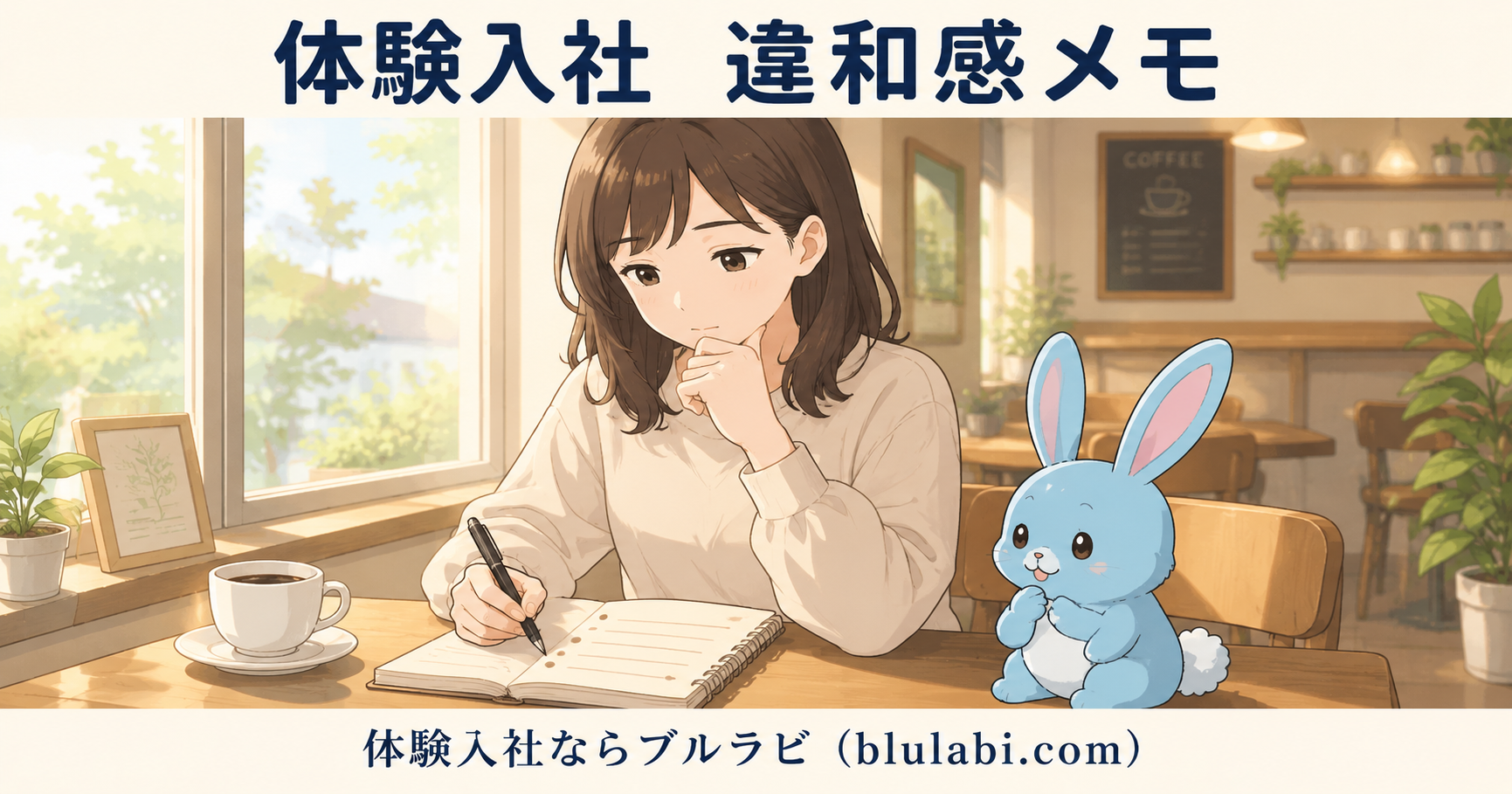 物流系の体験入社を終えた若い女性応募者が、昼下がりの自宅の部屋で机に向かい、小さなメモ帳に感じた違和感を書き出している2Dイラスト。窓から柔らかな光が入り、水色のブルラビが隣で静かに寄り添っている。「体験入社　違和感メモ」のタイトルと「体験入社ならブルラビ（blulabi.com）」のブランド文字入り。