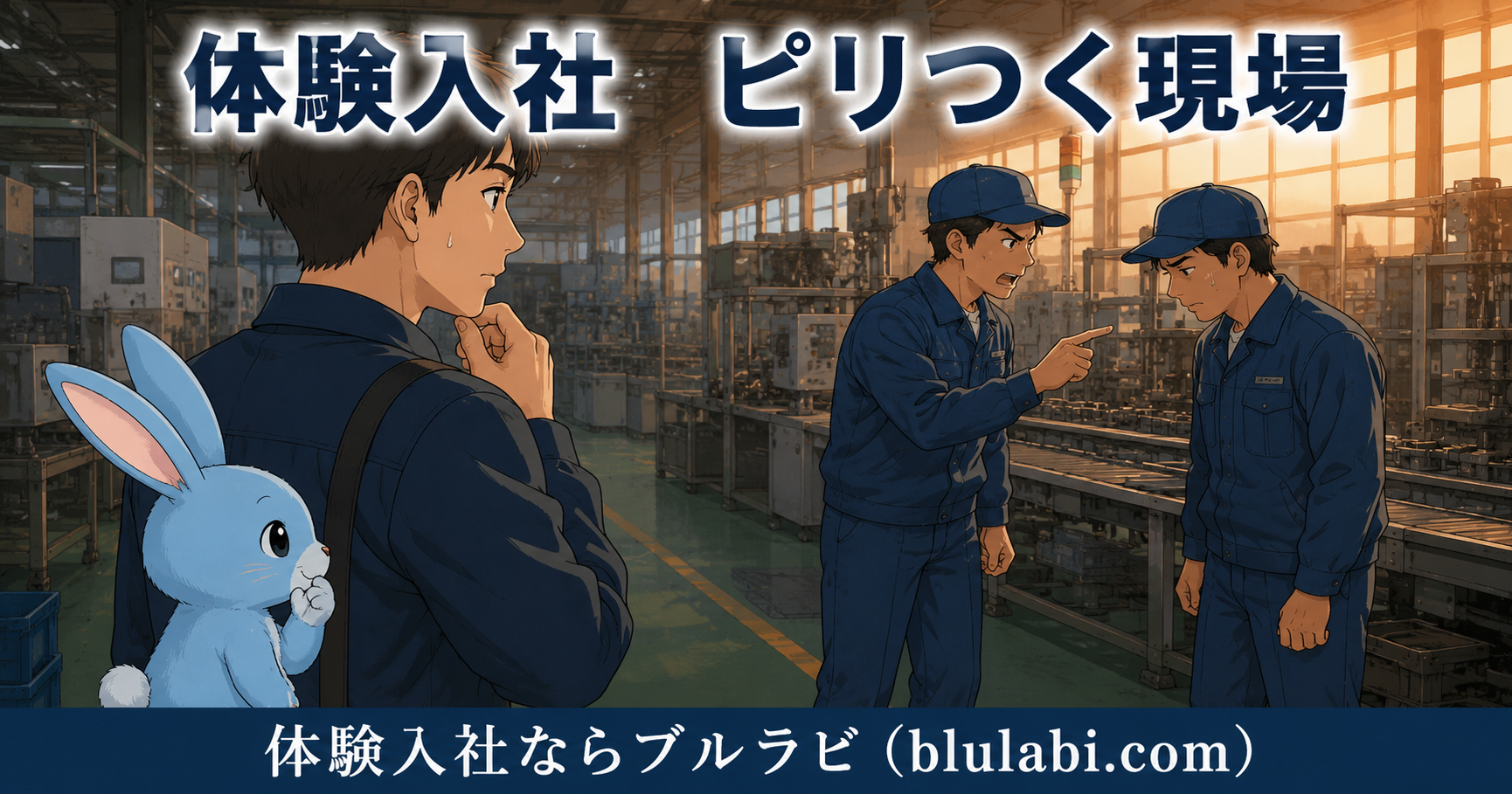 体験入社中の男性応募者が工場内でスタッフ同士の緊張感あるやり取りを観察し、職場の空気感を見極めている様子。近くでブルラビも現場を見守っている。