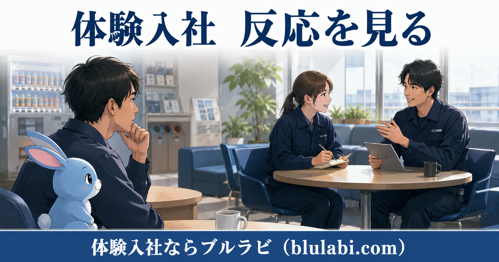 体験入社中の女性応募者が社員へ質問し、その反応や対応の仕方を見ながら職場の雰囲気を確認している様子をブルラビと共に描いたイラスト