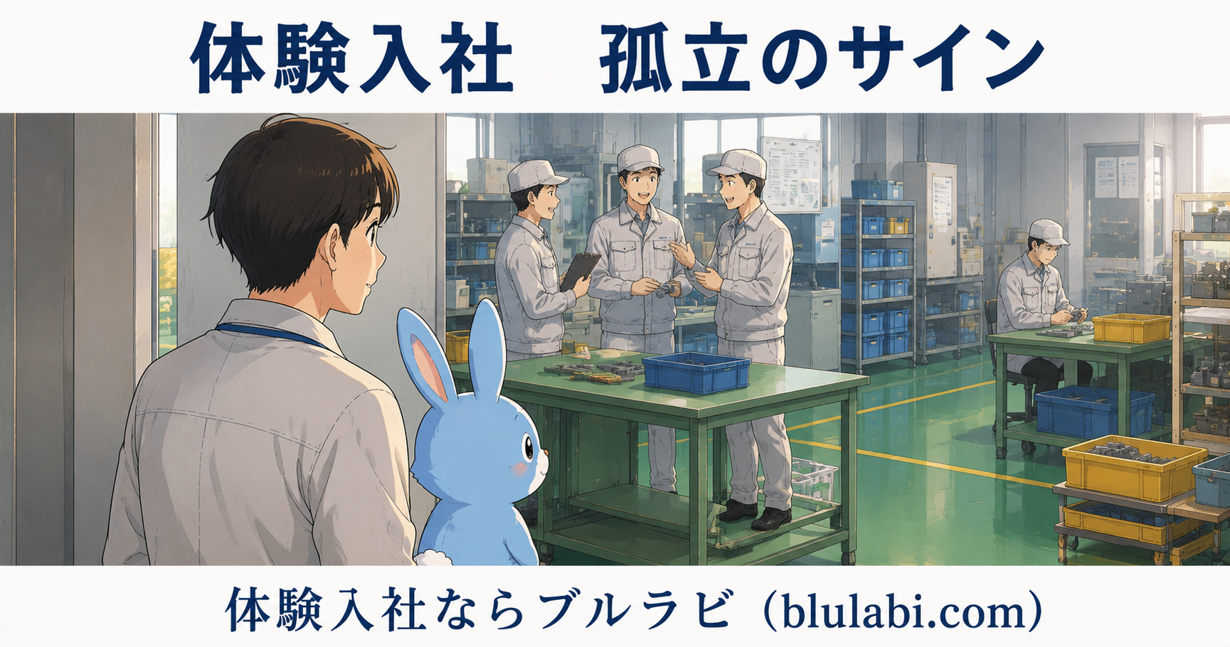 体験入社中の男性応募者と水色のブルラビが物流現場の出入口付近から職場の様子を見ている。数名の社員同士は会話している一方で、一人だけ離れて作業している社員がおり、応募者が職場の人間関係や孤立のサインに気づく様子を描いた2Dイラスト。
