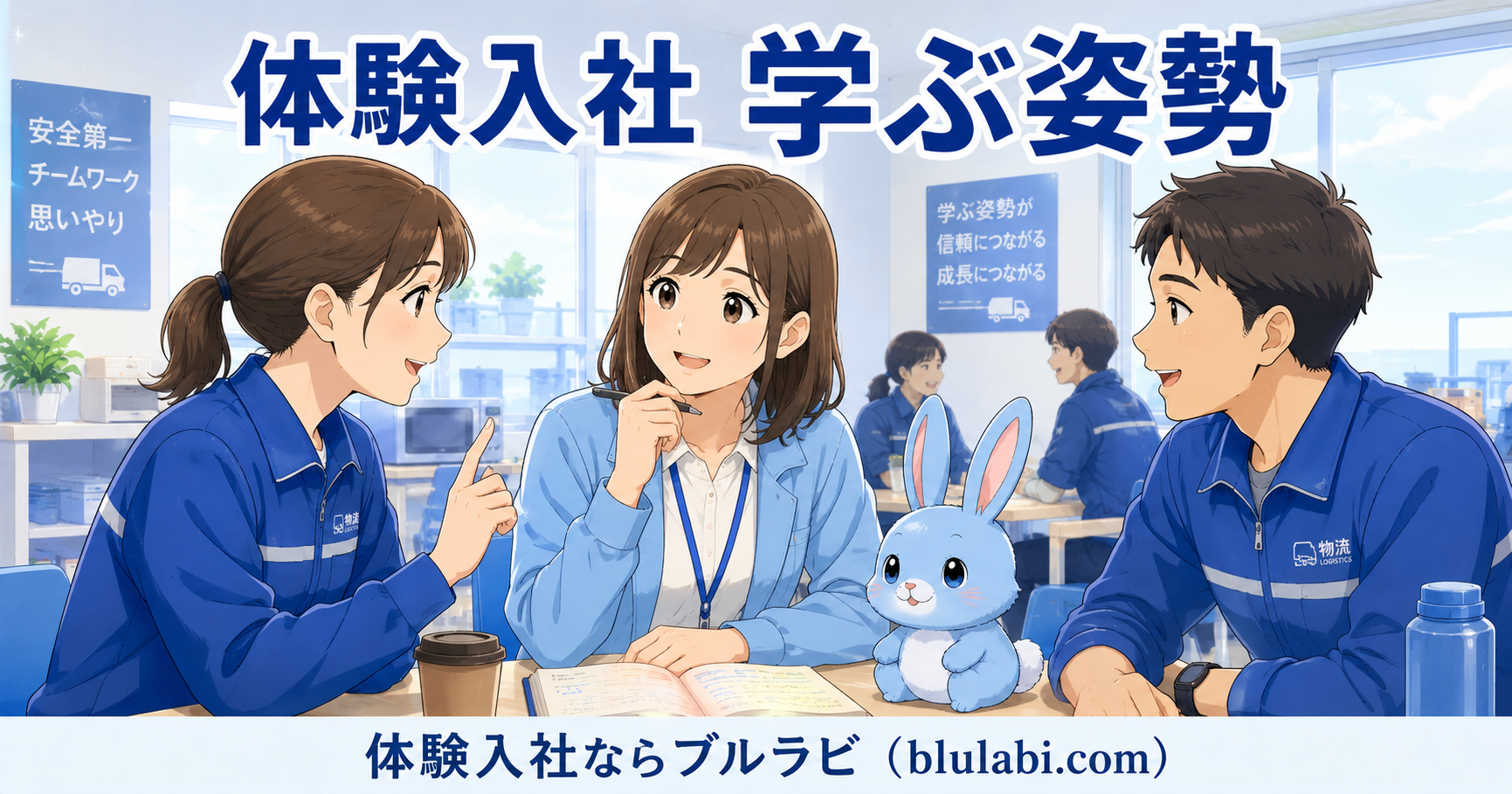 物流会社の休憩室で、体験入社中の26歳女性応募者が現場スタッフ2名へ作業内容を質問している。スタッフは同じ目線で丁寧に説明し、不安だった応募者が安心した表情へ変わる様子を、水色のブルラビが隣で見守っている。