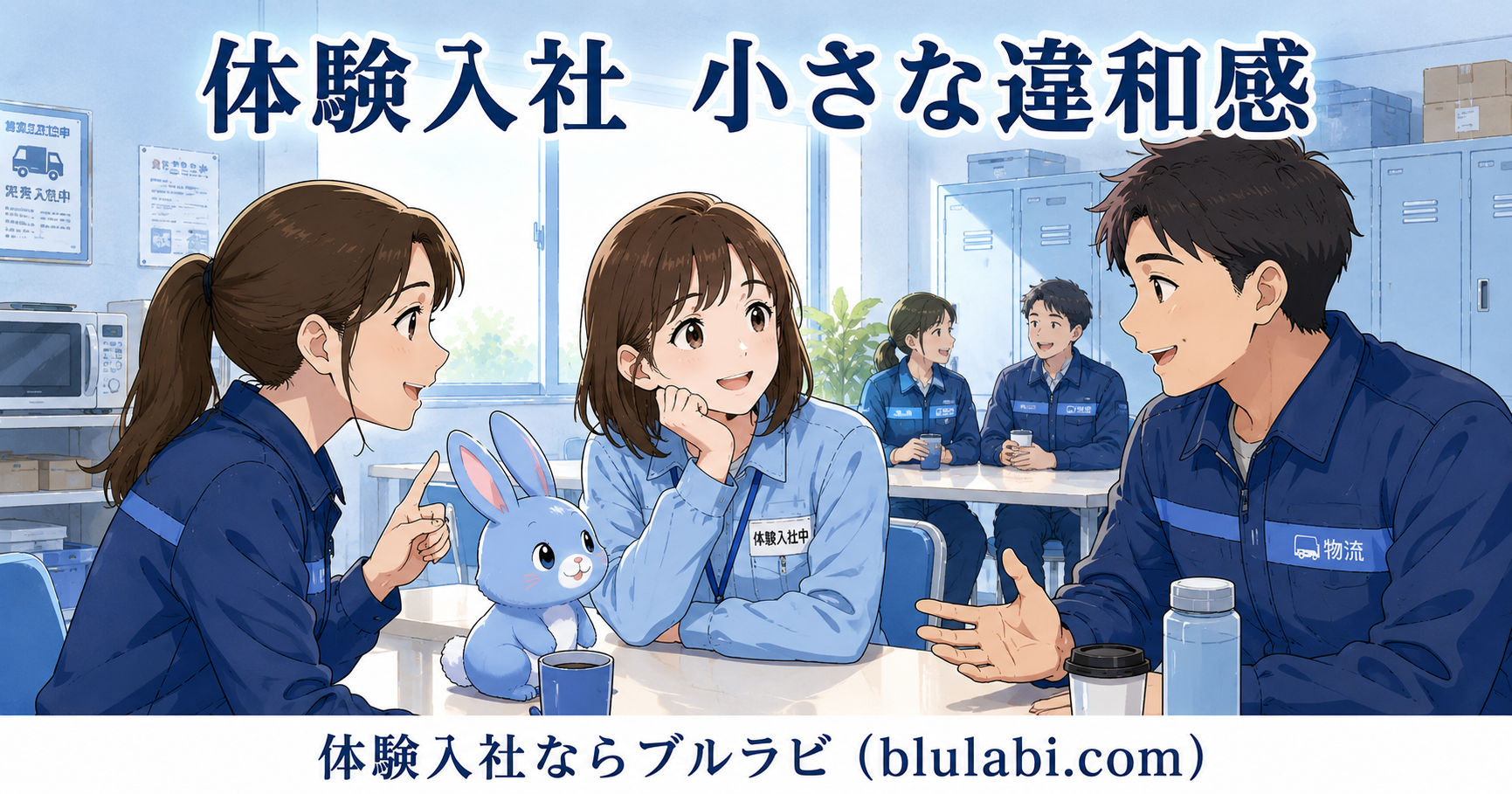 物流会社の休憩室で体験入社中の26歳女性応募者が、現場スタッフ男女2名へ作業内容を質問し、親身な説明を受けて安心した表情へ変化している様子。隣には水色のブルラビが寄り添い、教える文化と安心感のある職場を表現したイラスト。