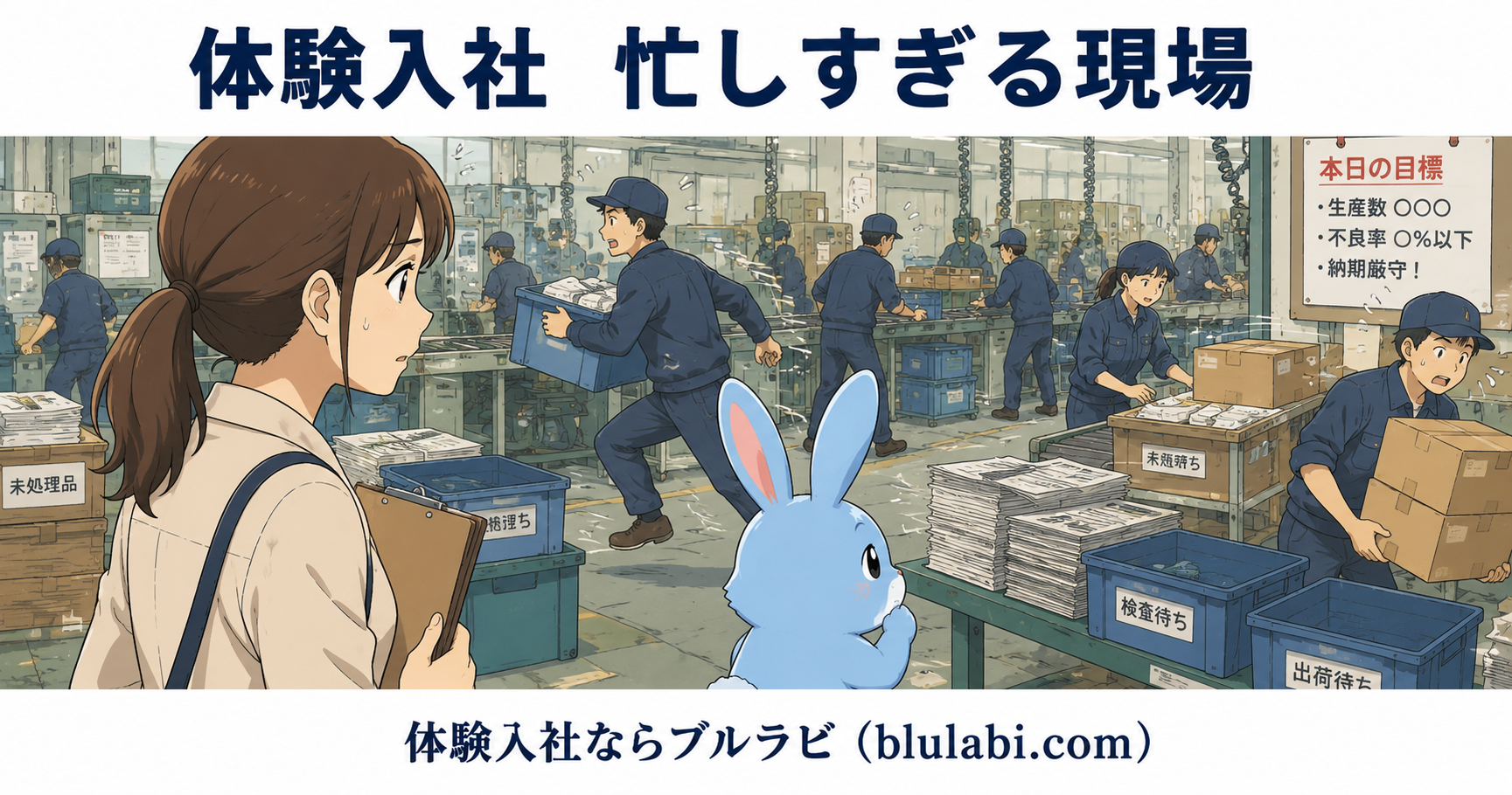体験入社中の女性応募者が工場現場で慌ただしく働くスタッフや生産ラインの様子を観察し、忙しすぎる職場のサインを見極めているイラスト