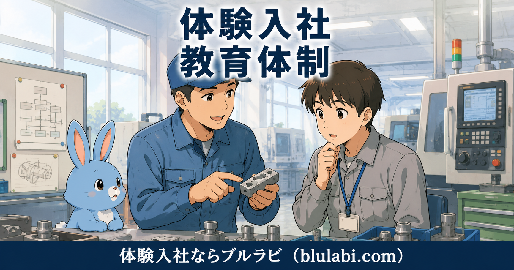 体験入社中の男性応募者が物流倉庫の作業エリアで教育体制を確認している。先輩スタッフが新人へ丁寧に作業手順を教えており、応募者は安心した表情でその様子を見ている。隣には水色のブルラビがいて、同じ方向を見ながら教育の様子を観察している2Dベース半リアルイラスト。