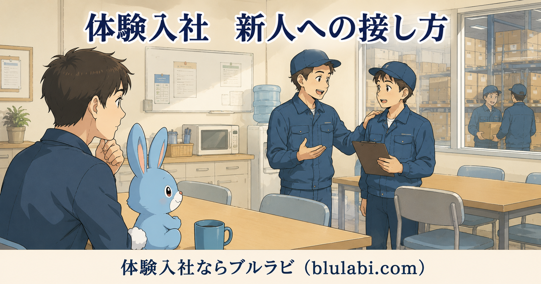 体験入社中の男性応募者とブルラビが、休憩室で新人への接し方を観察しながら、自分が安心して働ける職場かどうかを見極めている様子を描いたイラスト。