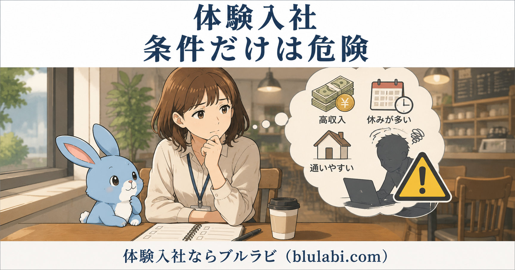 体験入社後、物流倉庫の休憩室で求人条件の良さだけで判断してよいか悩む男性応募者と、水色のブルラビが一緒に考えている様子を描いた2Dイラスト。