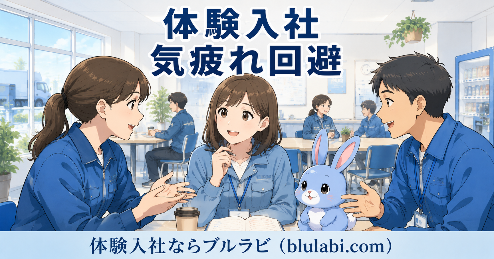 物流会社の休憩室で、体験入社中の26歳女性応募者が現場スタッフ2名へ質問し、親身な説明を受けながら安心した表情へ変化している様子。隣ではブルラビが見守り、気疲れしにくい職場環境を表現したイラスト。