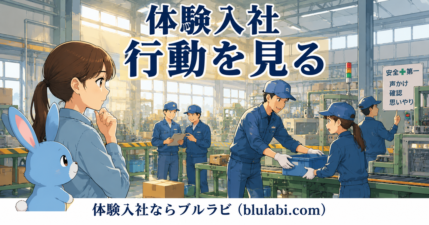 体験入社中の女性応募者が工場の作業現場でスタッフ同士の助け合う行動を観察し、水色のブルラビと一緒に職場の本質を見極めている様子