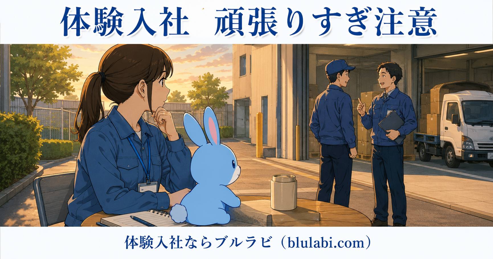 体験入社を控えた男性応募者が夜の自宅で資料を広げながら頑張りすぎている様子を、水色のブルラビが寄り添いながら見守っている2Dイラスト。
