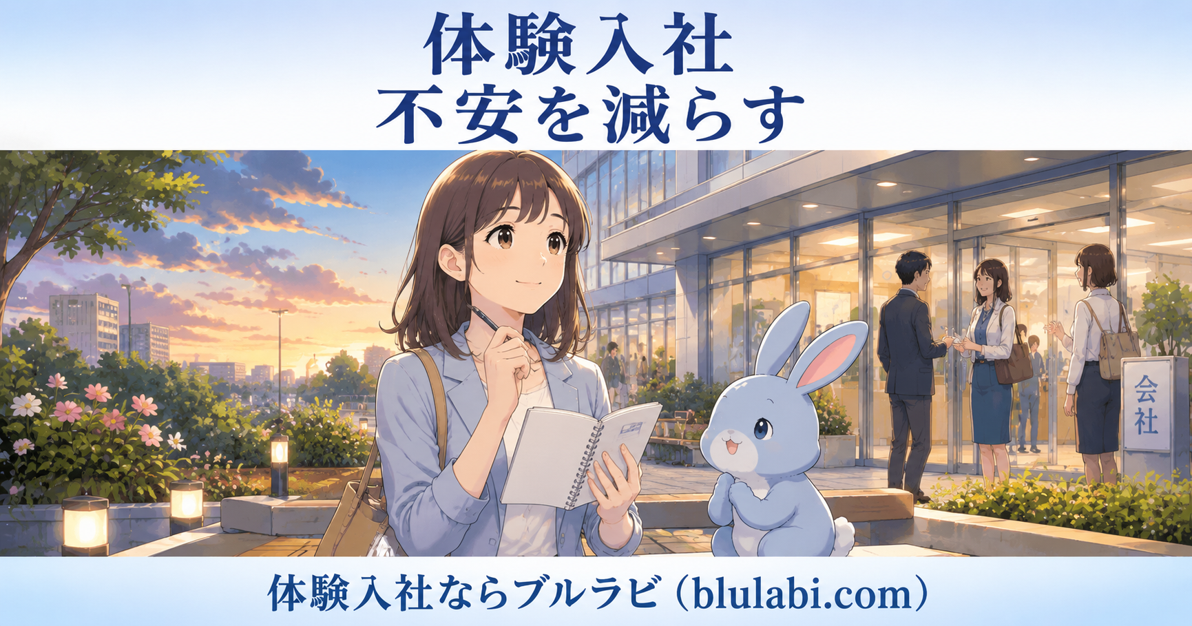 体験入社で先輩社員の説明を聞きながら、働く不安が和らいでいく26歳女性応募者と、寄り添うブルラビ。明るく清潔なオフィスで社員同士が自然に協力し合う安心感のある職場風景。
