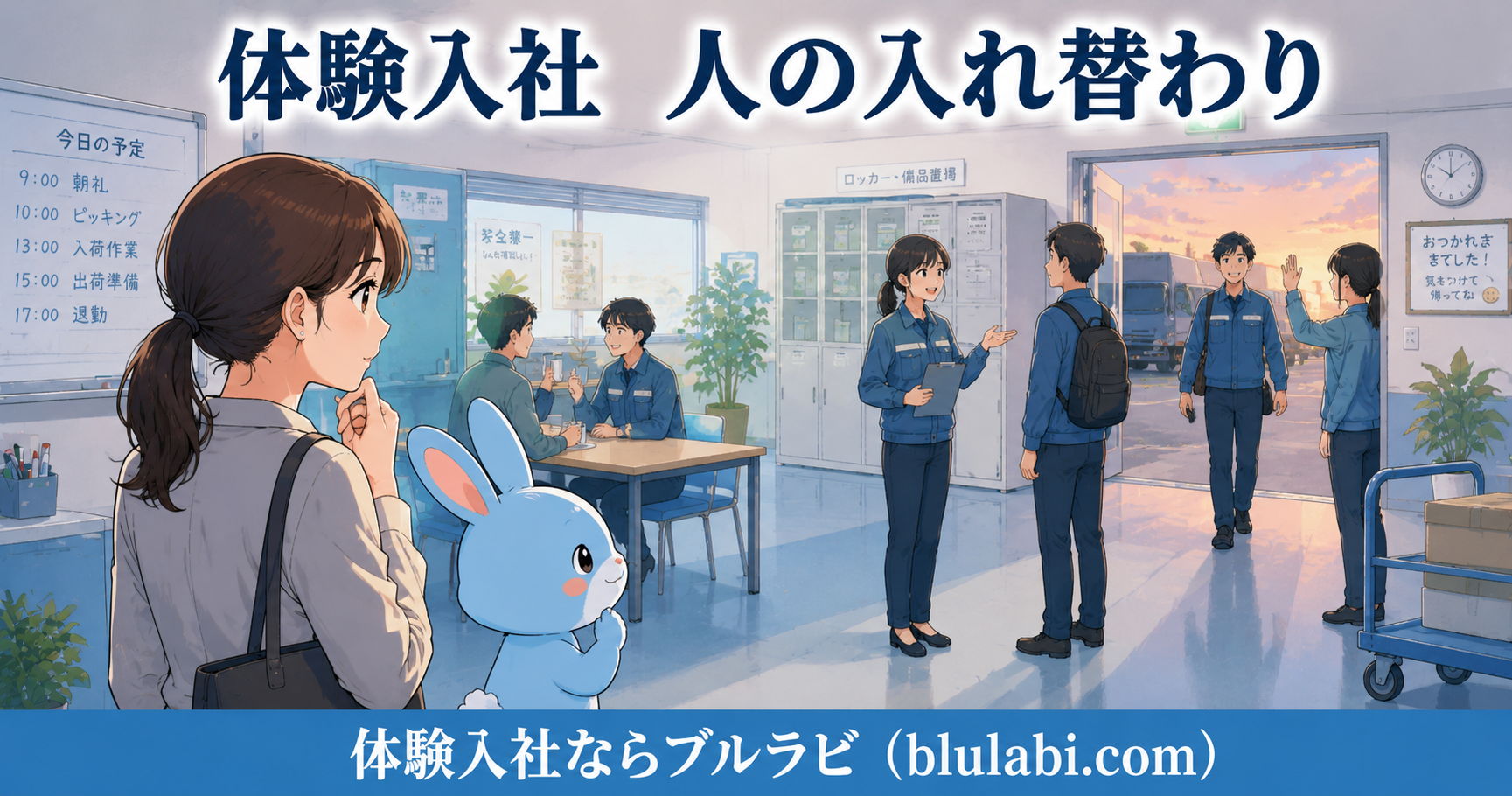 体験入社中の26歳女性応募者が、社内の人の入れ替わりを示す掲示板や席替えの様子に違和感を覚え、ブルラビと一緒に職場の雰囲気を観察している2Dイラスト。