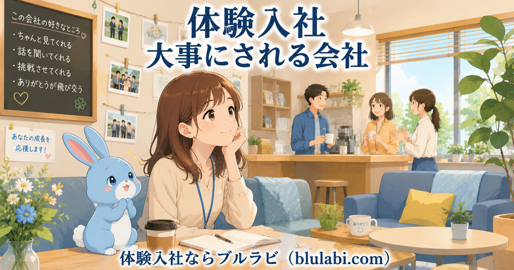 体験入社で先輩社員との自然な会話を通して安心感を得る26歳女性応募者と、寄り添ってうなずくブルラビ。奥では社員同士が協力し合い、「大事にされる会社」の温かな雰囲気が伝わるオフィスのイラスト。