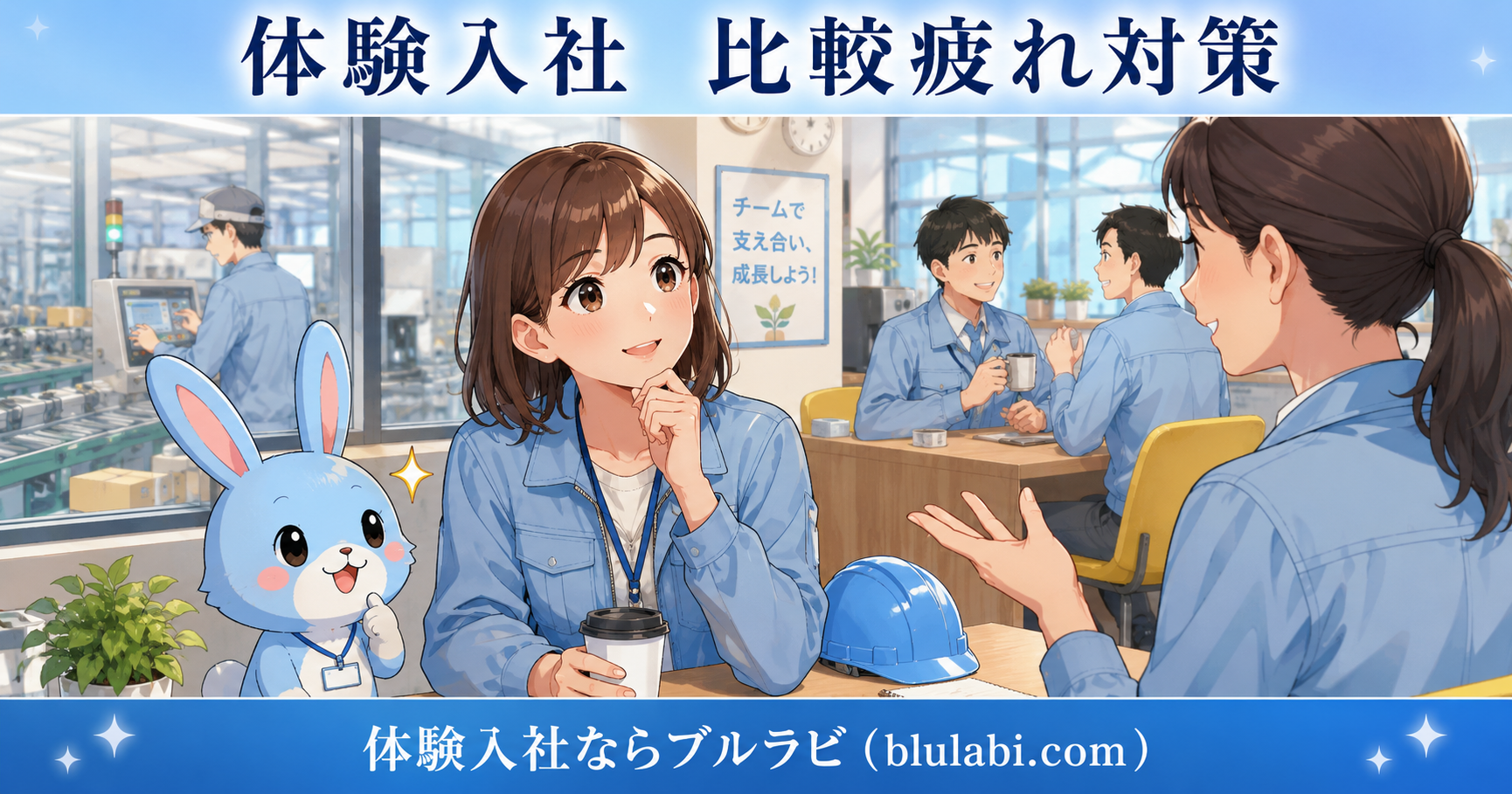 体験入社で比較疲れを感じた26歳女性応募者が、ブルラビと一緒に落ち着いて情報を整理し、自分に合う職場を見つめ直している様子を描いたイラスト。