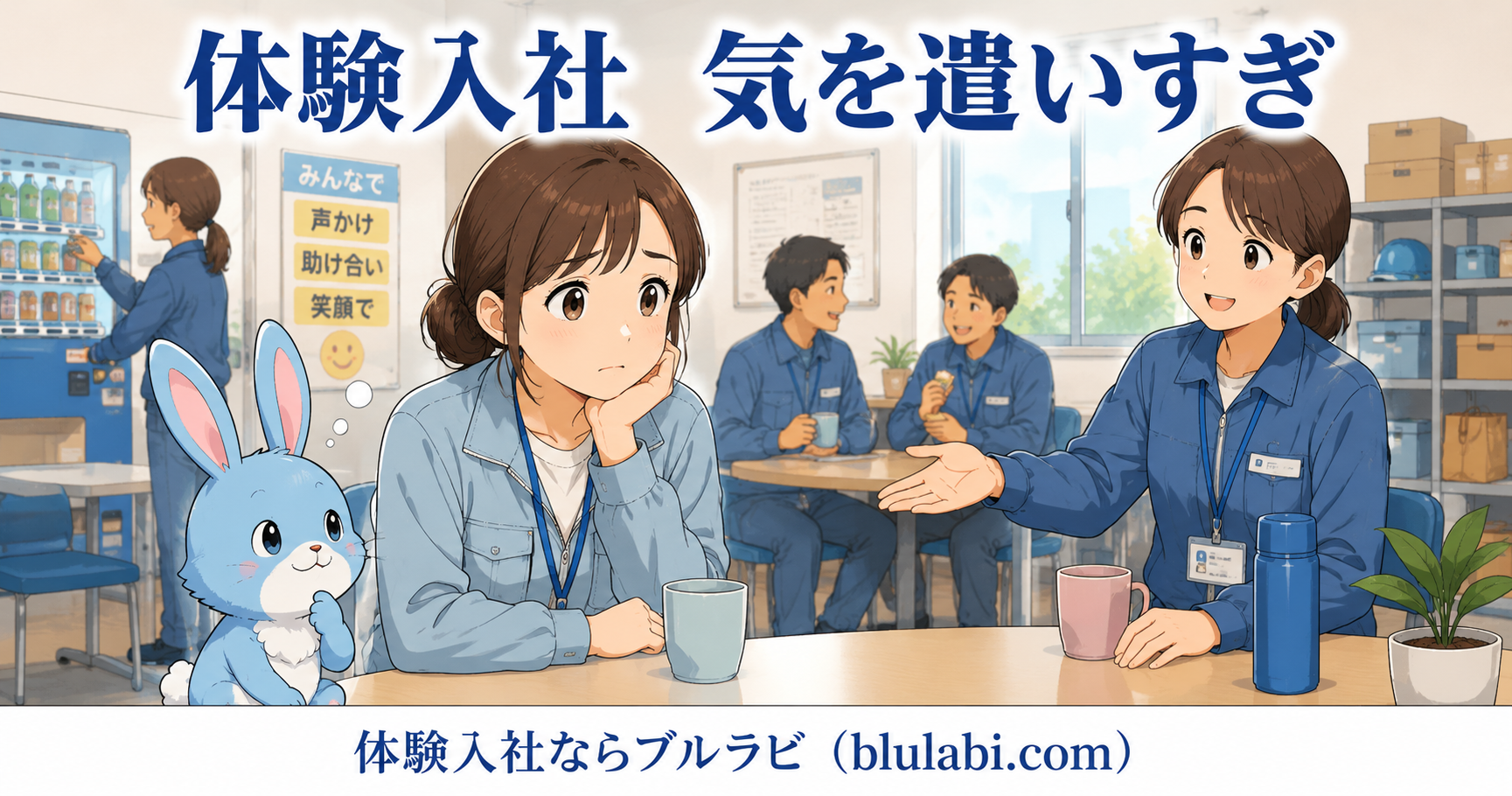 体験入社で気を遣いすぎてしまう26歳女性応募者が、先輩社員の自然な対応や職場の雰囲気を確認しながら安心して話を聞き、ブルラビが寄り添う明るいオフィスでの体験入社イラスト。