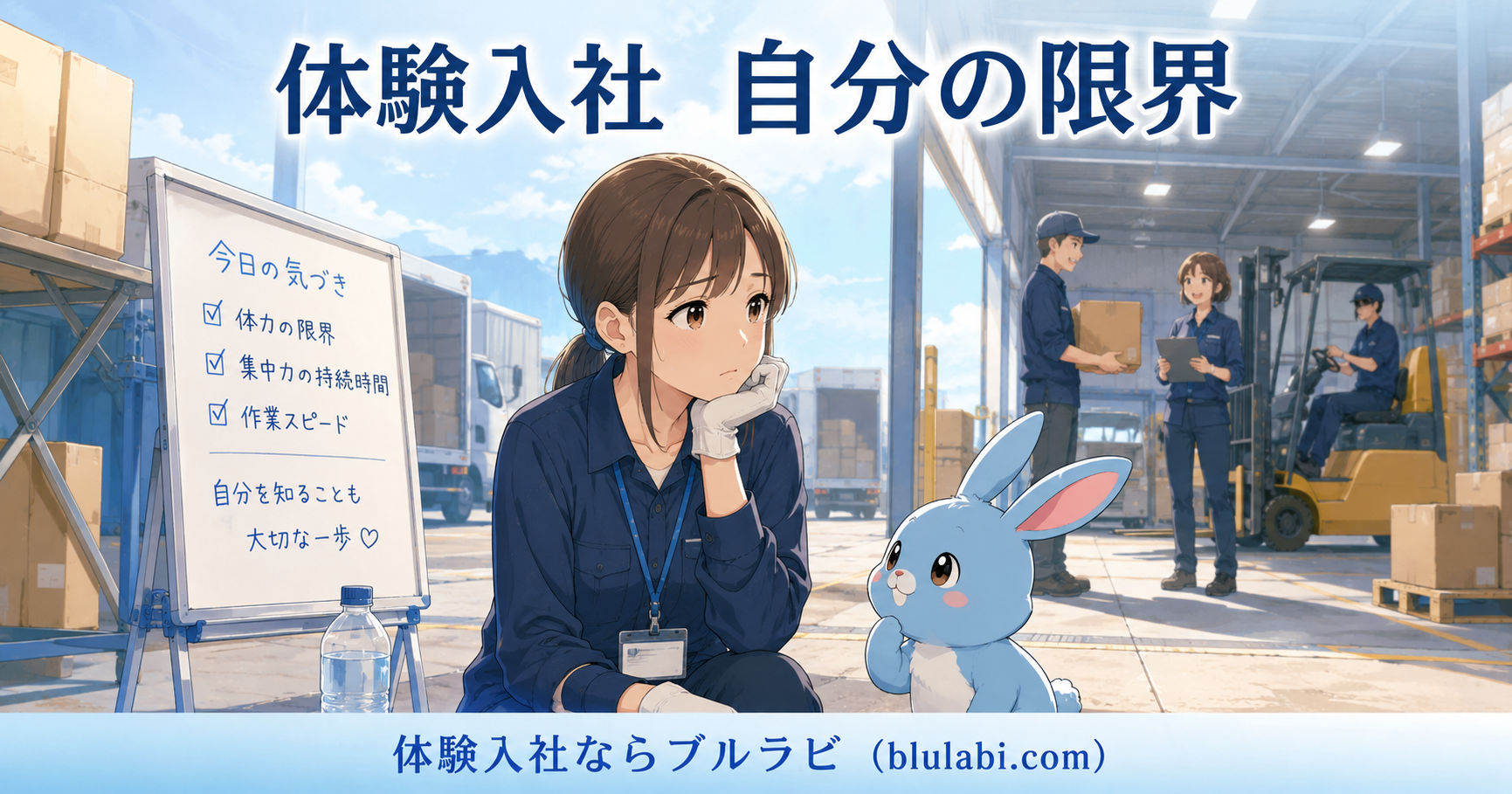 体験入社中の26歳女性応募者が、自分に合う働き方を考えながら先輩社員の説明を聞き、小さなブルラビが寄り添って応援している明るいオフィスのイラスト。