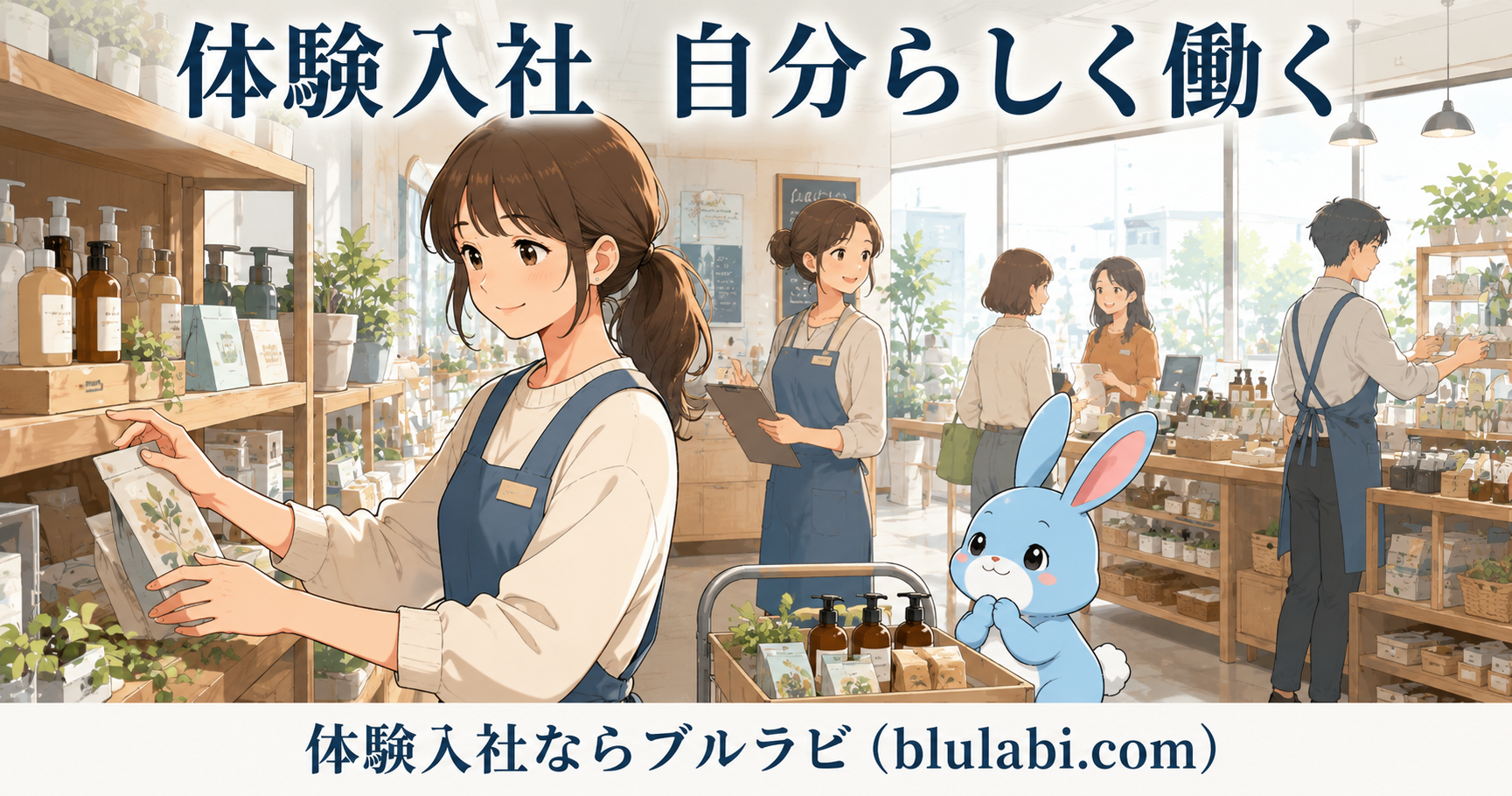 体験入社でオフィスを見学する26歳の女性応募者が、先輩社員の説明を安心した表情で聞きながら、自分らしく働ける環境を見極めている様子。隣ではブルラビが優しく寄り添い、奥では社員同士が自然に協力し合う明るく前向きな職場風景が広がっている2Dイラスト。