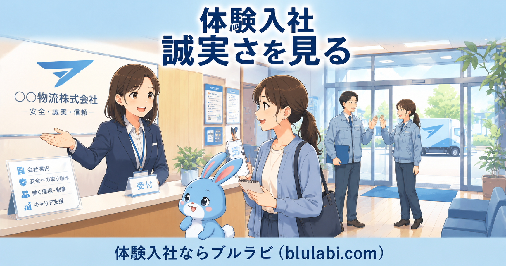体験入社で会社の誠実さを見極めるため、26歳女性応募者が先輩社員の説明を安心した表情で聞き、ブルラビが隣で見守る明るいオフィスのイラスト。