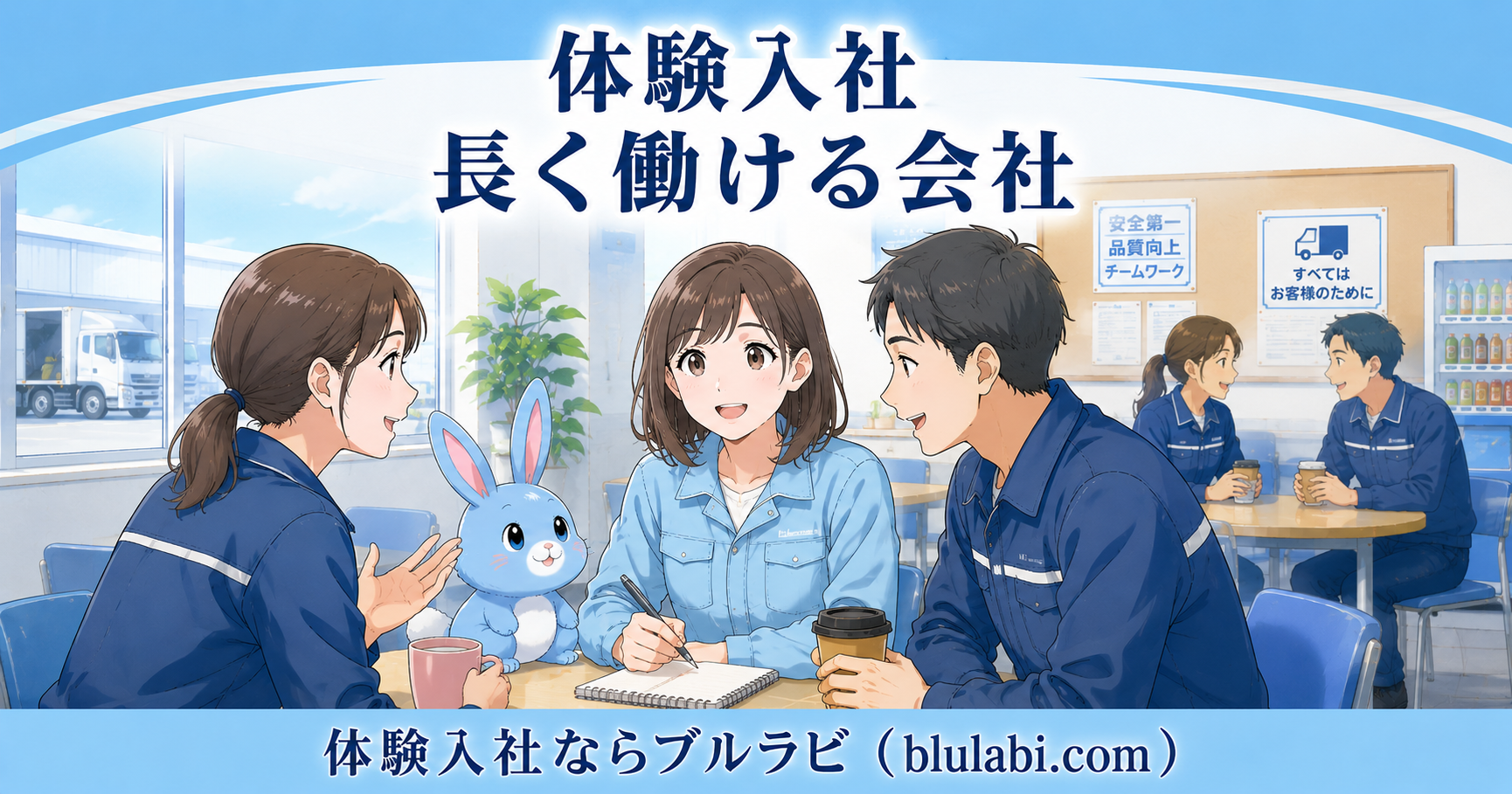 物流会社の休憩室で体験入社中の26歳女性応募者が、現場スタッフ2名から作業内容を親身に教わり、不安が安心へ変わる様子をブルラビが隣で見守るイラスト。