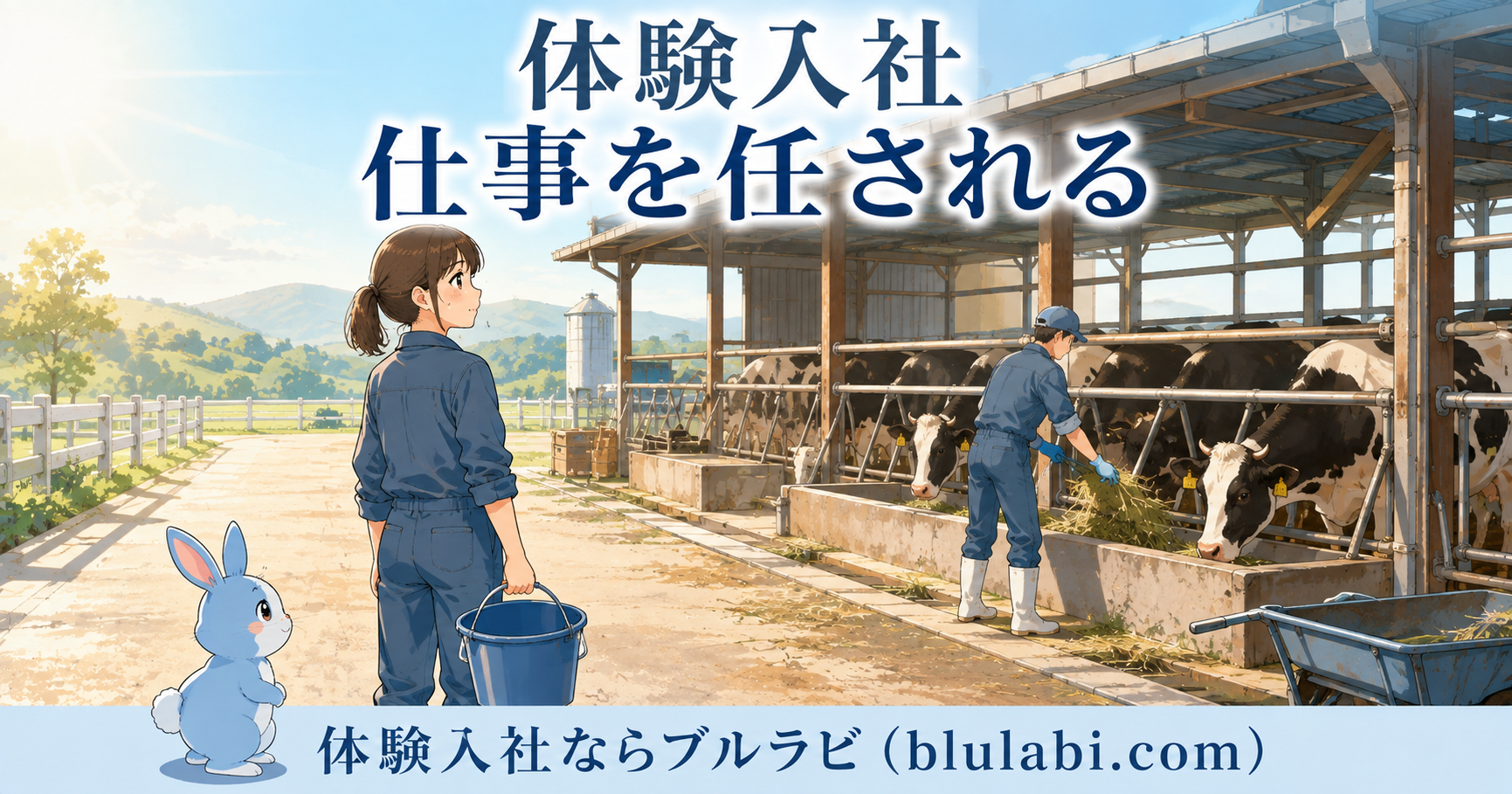 体験入社で仕事を任される前に、牧場で牛の世話を確認する26歳女性応募者とブルラビ