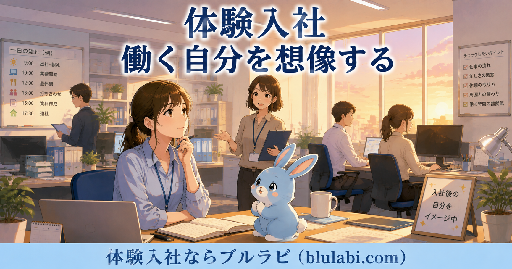 体験入社で入社後の一日の流れを想像する26歳女性の応募者とブルラビ。仕事の流れや休憩、周囲との関わりを確認し、実際に働く自分をイメージしている様子。