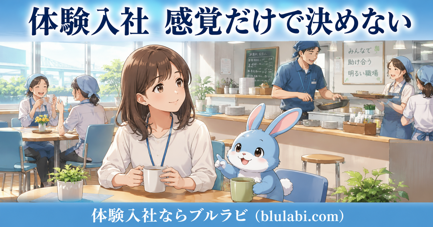 体験入社で職場の雰囲気を見ながら、感覚だけで合う・合わないを決めずに判断する26歳女性応募者とブルラビ