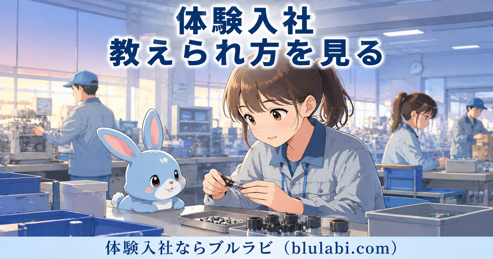 体験入社で教えられ方を見る26歳女性応募者とブルラビ。工場の作業台で仕事を教わりながら、理解しやすい教え方や安心して覚えられる環境を確認している場面。