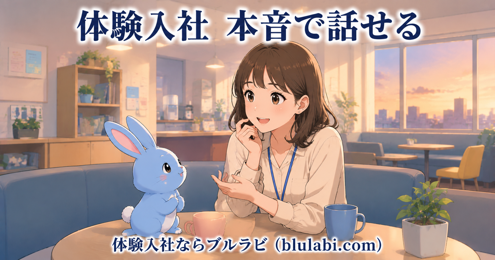 体験入社で26歳女性応募者が先輩社員の話を聞き、ブルラビと一緒に本音で話せる安心した職場の空気を感じている場面